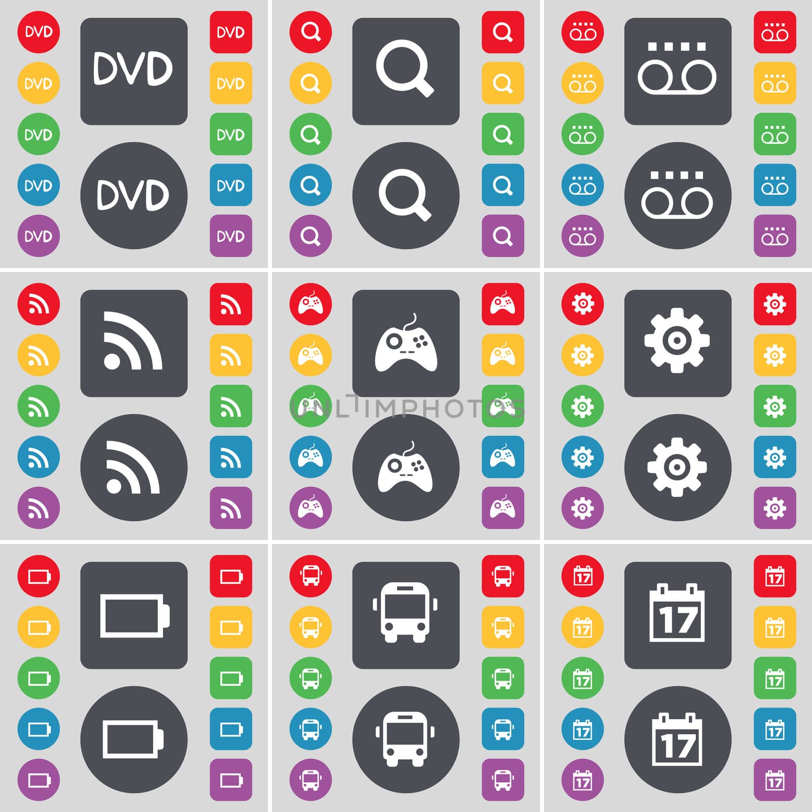 DVD, Magnifying glass, Cassette, RSS, Gamepad, Gear, Battery, Bus, Calendar icon symbol. A large set of flat, colored buttons for your design. illustration