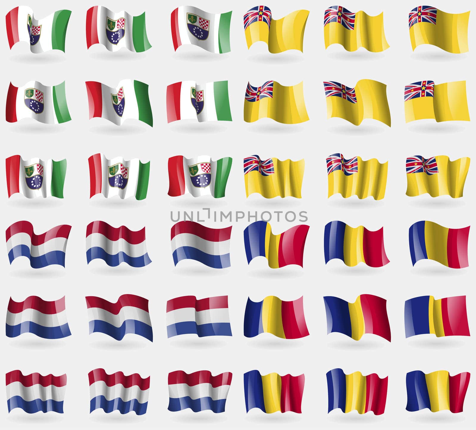 Bosnia and Herzegovina Federation, Niue, Netherlands, Romania. Set of 36 flags of the countries of the world. illustration