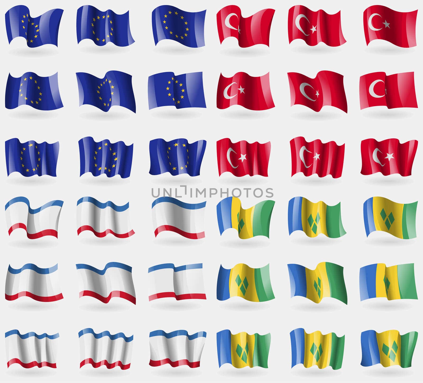 European Union, Turkey, Crimea, Saint Vincent and Grenadines. Set of 36 flags of the countries of the world. illustration