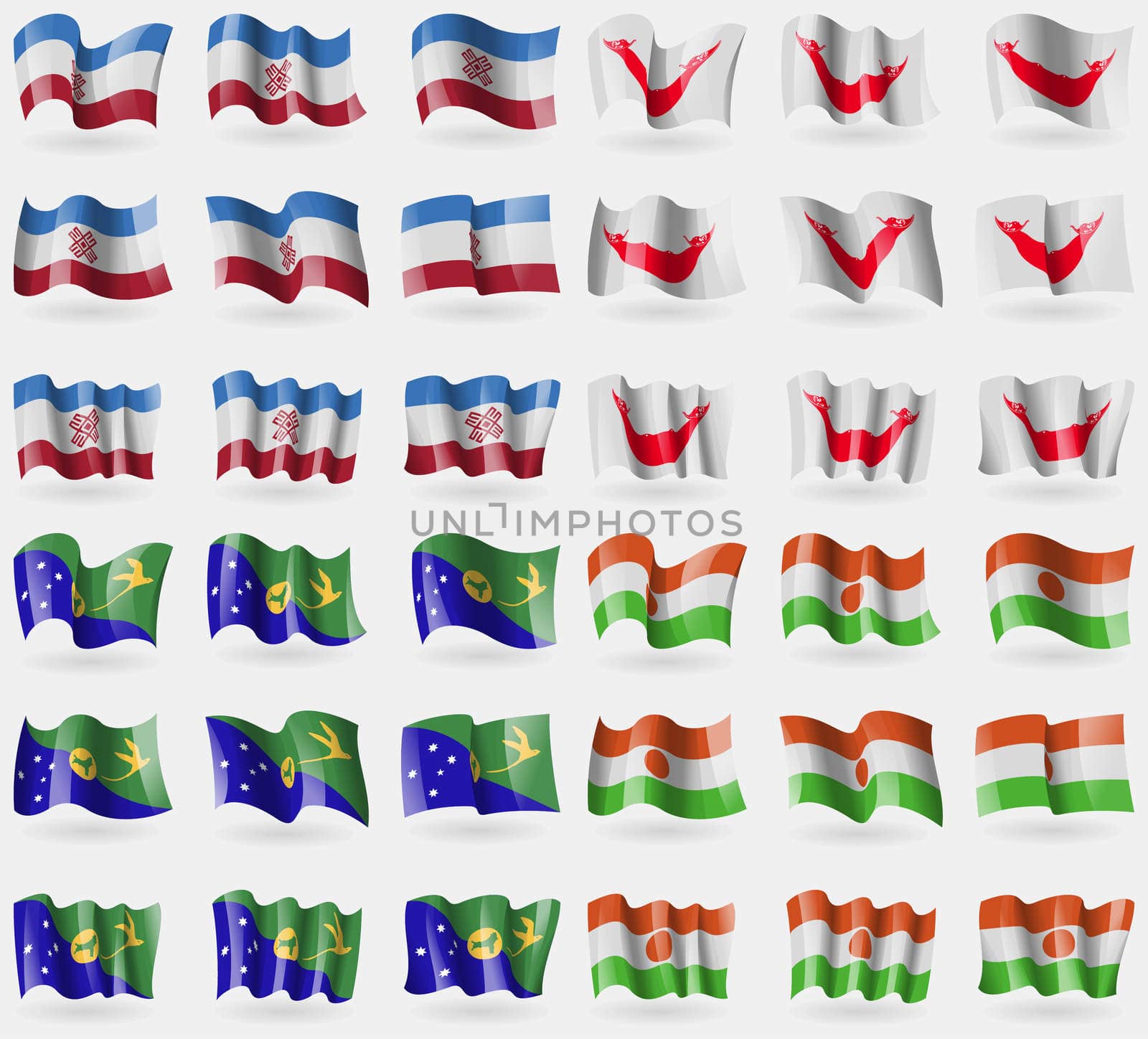 Mari El, Easter Rapa Nui, Christmas Island, Niger. Set of 36 flags of the countries of the world. illustration