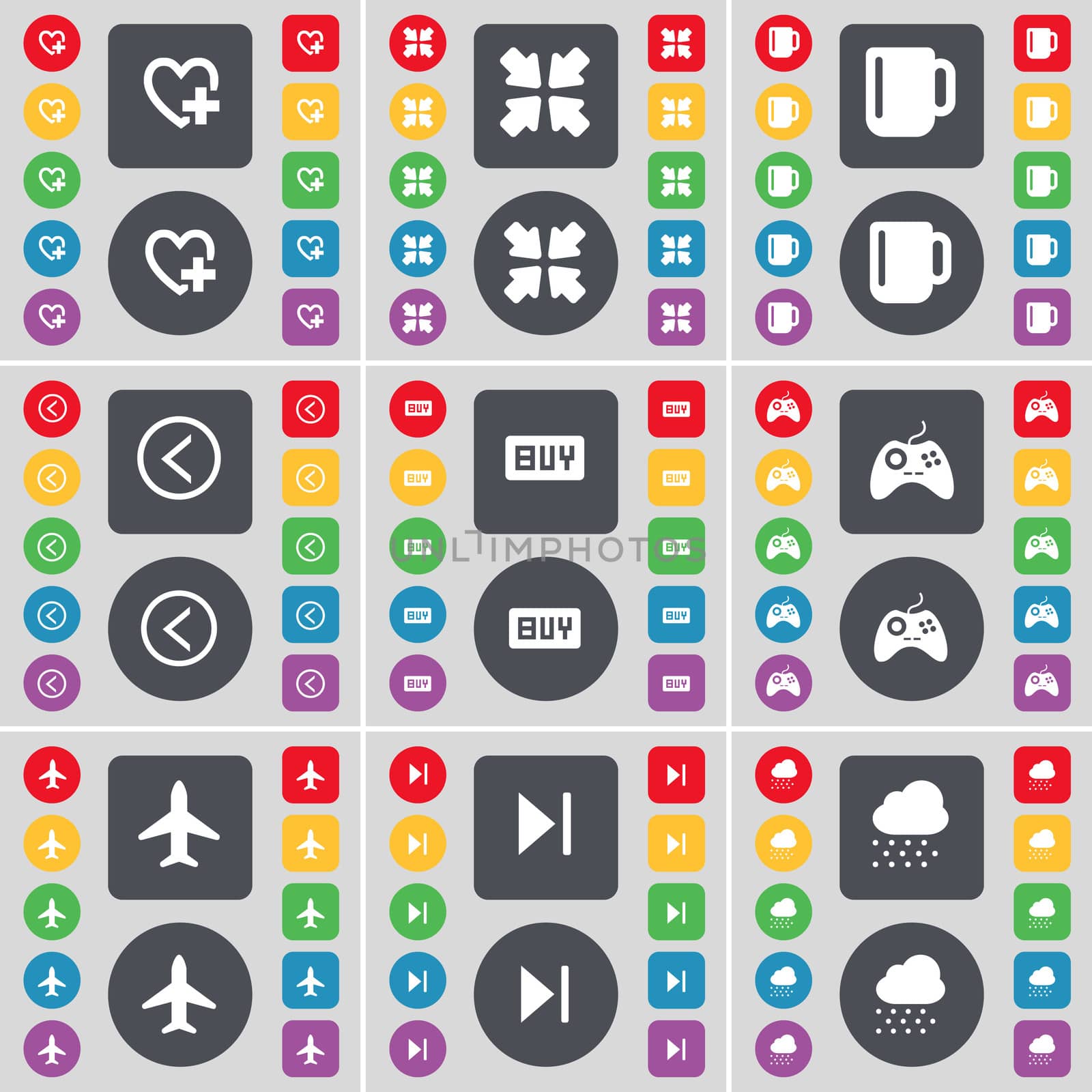 Heart, Deploying screen, Cup, Arrow left, Buy, Gamepad, Airplane, Media skip, Cloud icon symbol. A large set of flat, colored buttons for your design. illustration