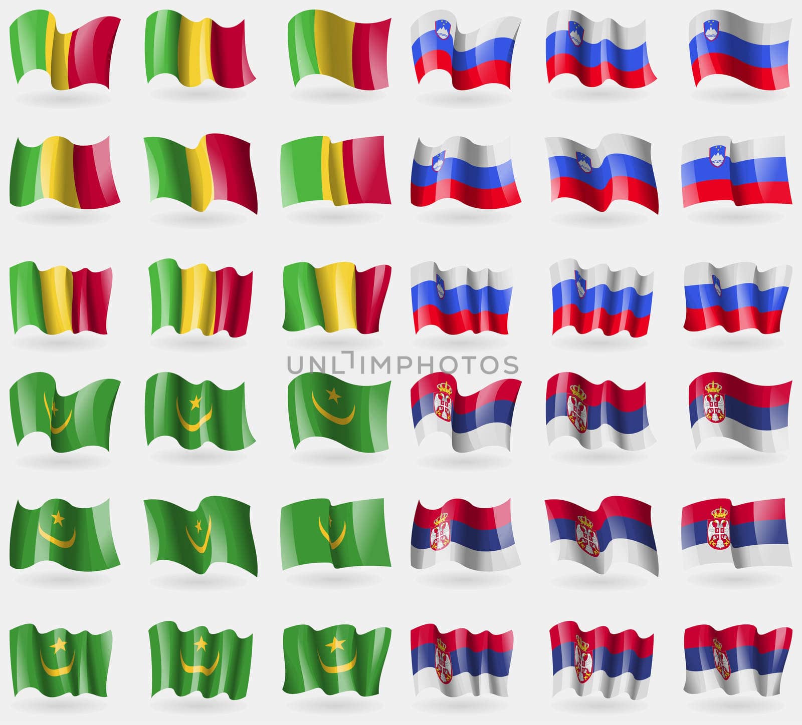 Mali, Slovenia, Mauritania, Serbia. Set of 36 flags of the countries of the world. illustration