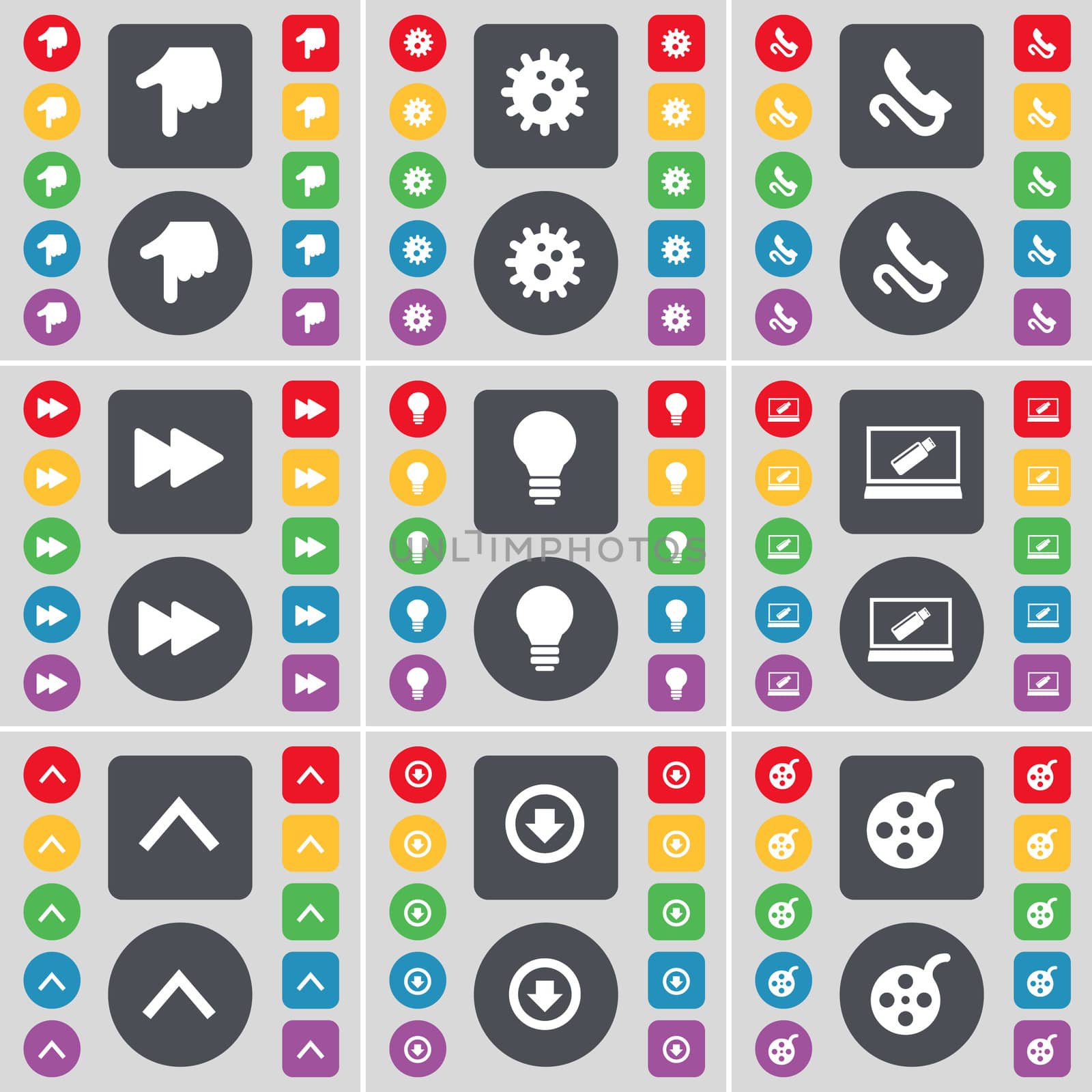 Hand, Gear, Receiver, Rewind, Light bulb, Laptop, Arrow up, Arrow down, Videotape icon symbol. A large set of flat, colored buttons for your design. illustration