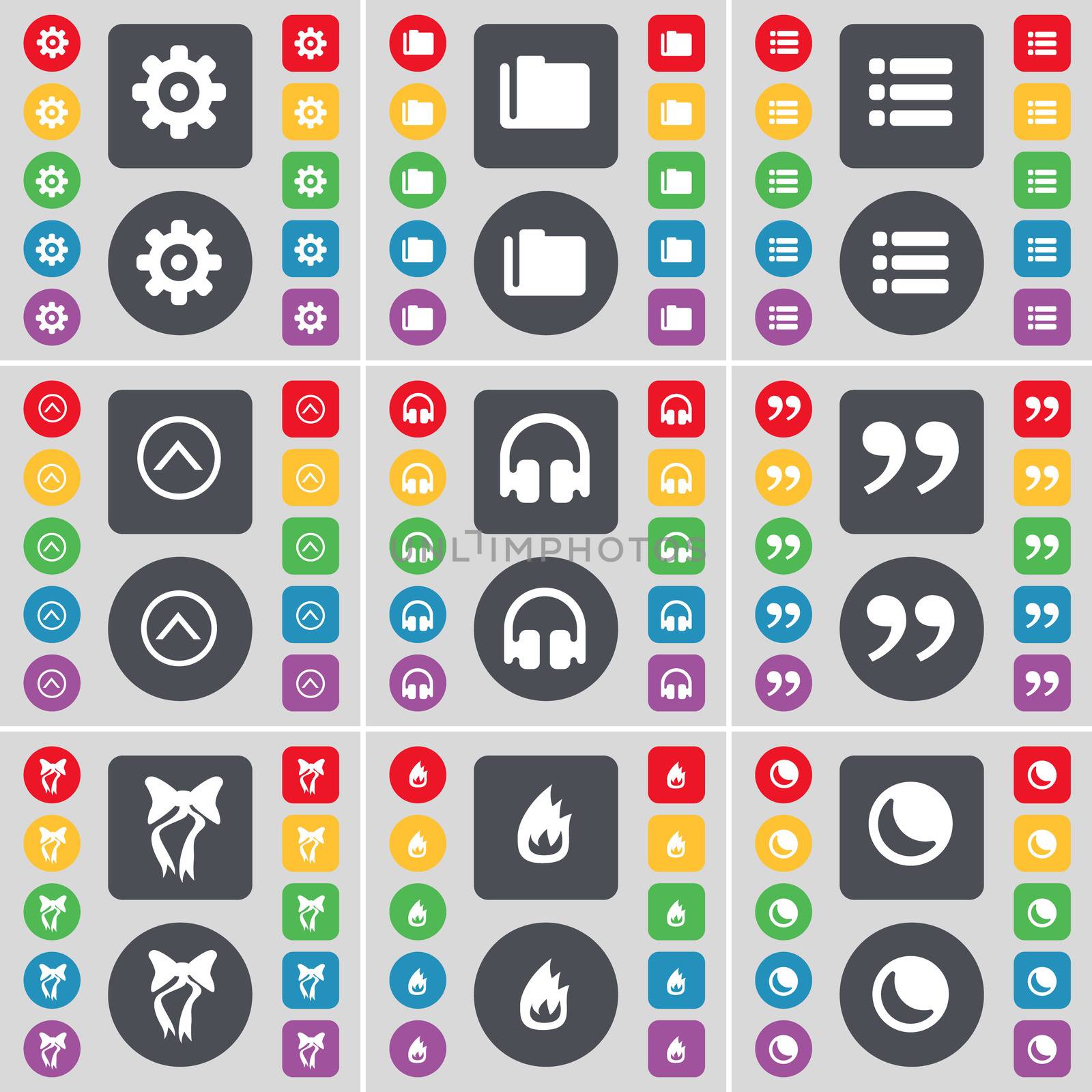 Gear, Folder, List, Arrow up, Headphones, Quoting mark, Bow, Fire, Moon icon symbol. A large set of flat, colored buttons for your design. illustration