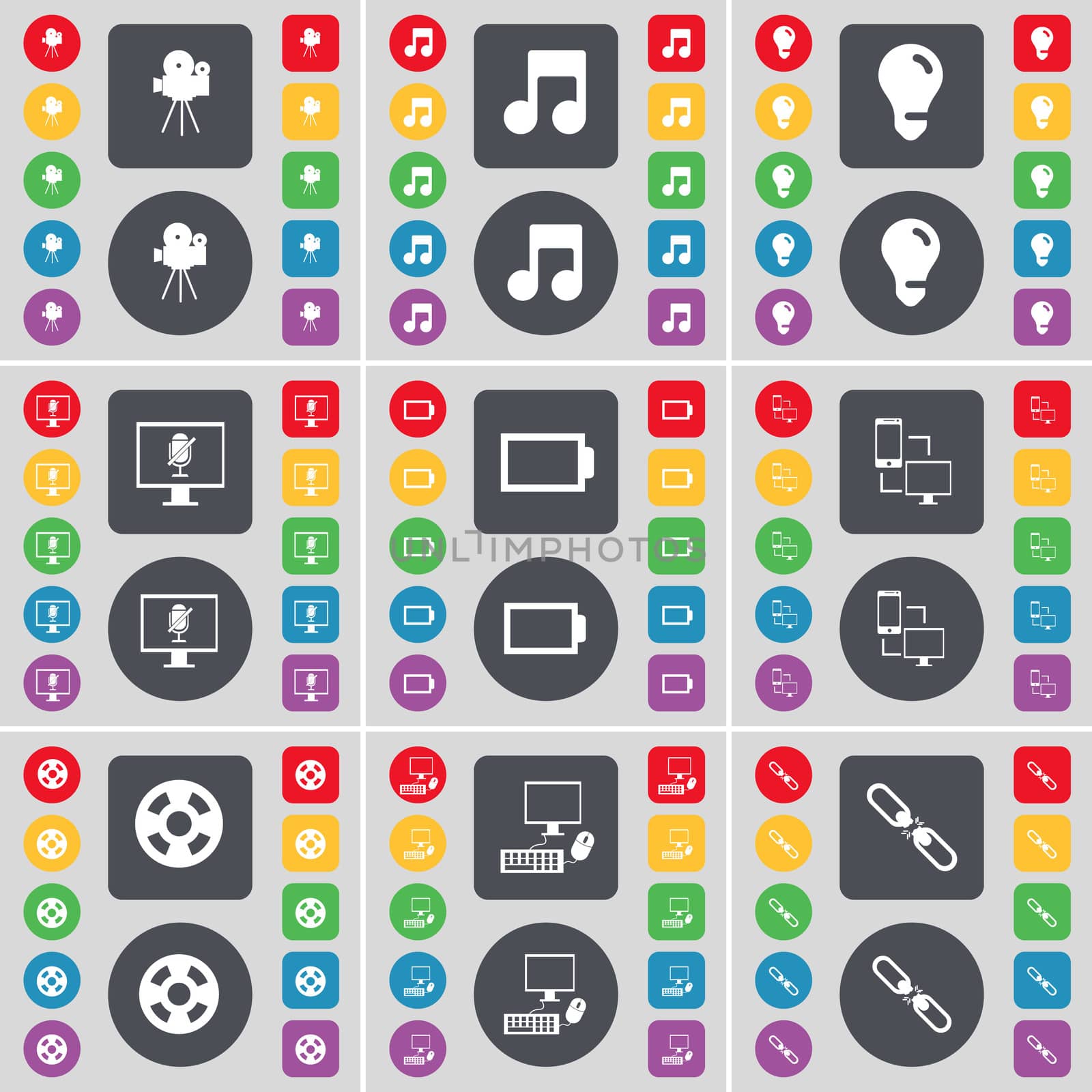 Film camera, Note, Light bulb, Monitor, Battery, Information exchange, Videotape, PC, Link icon symbol. A large set of flat, colored buttons for your design. illustration