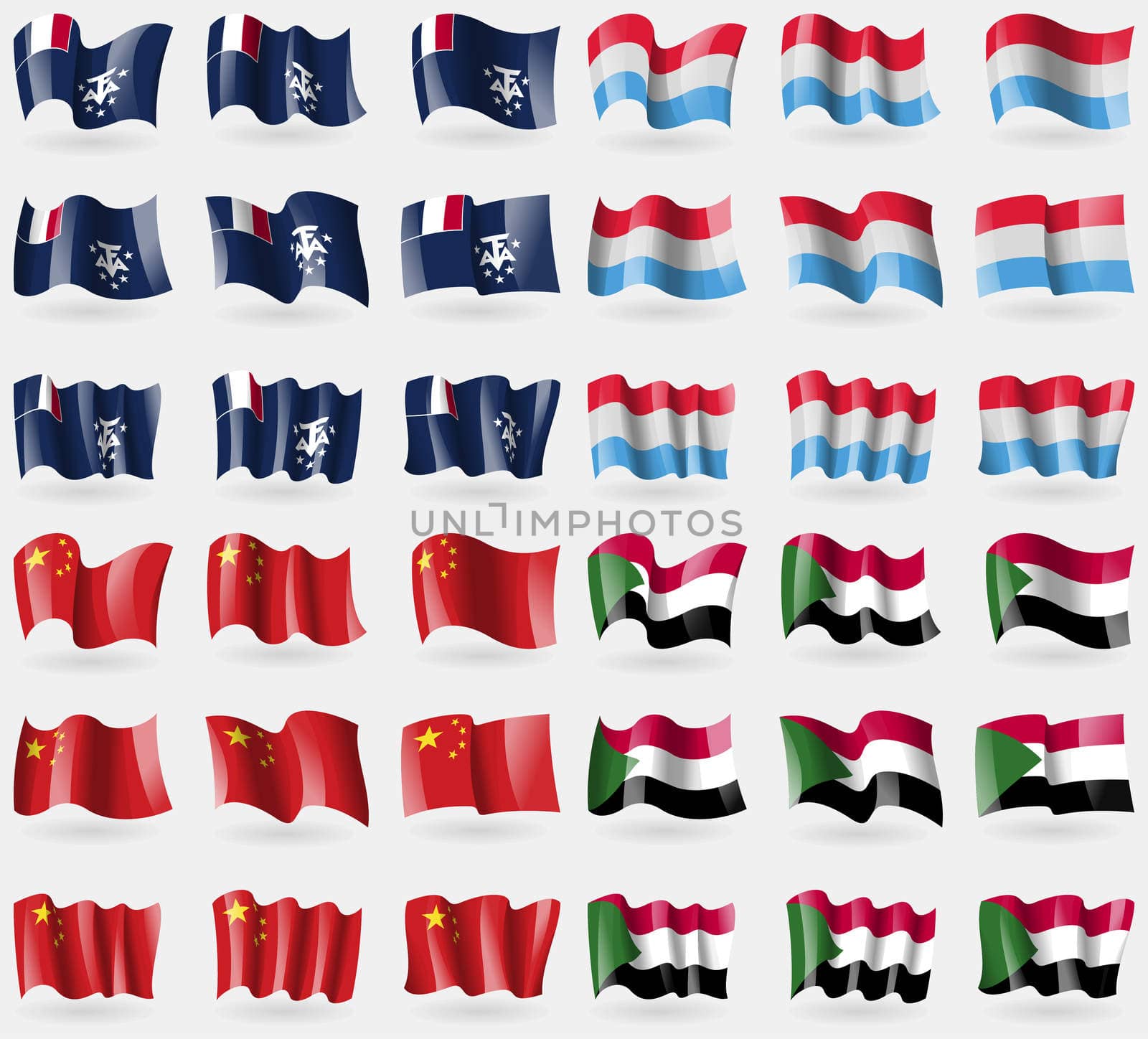 French and Antarctic, Luxembourg, China, Sudan. Set of 36 flags of the countries of the world. illustration