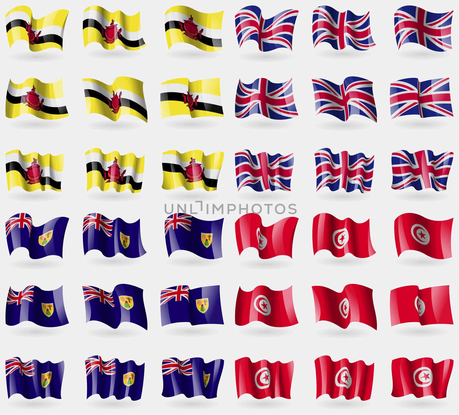 Brunei, United Kingdom, Turks and Caicos, Tunisia. Set of 36 flags of the countries of the world. illustration