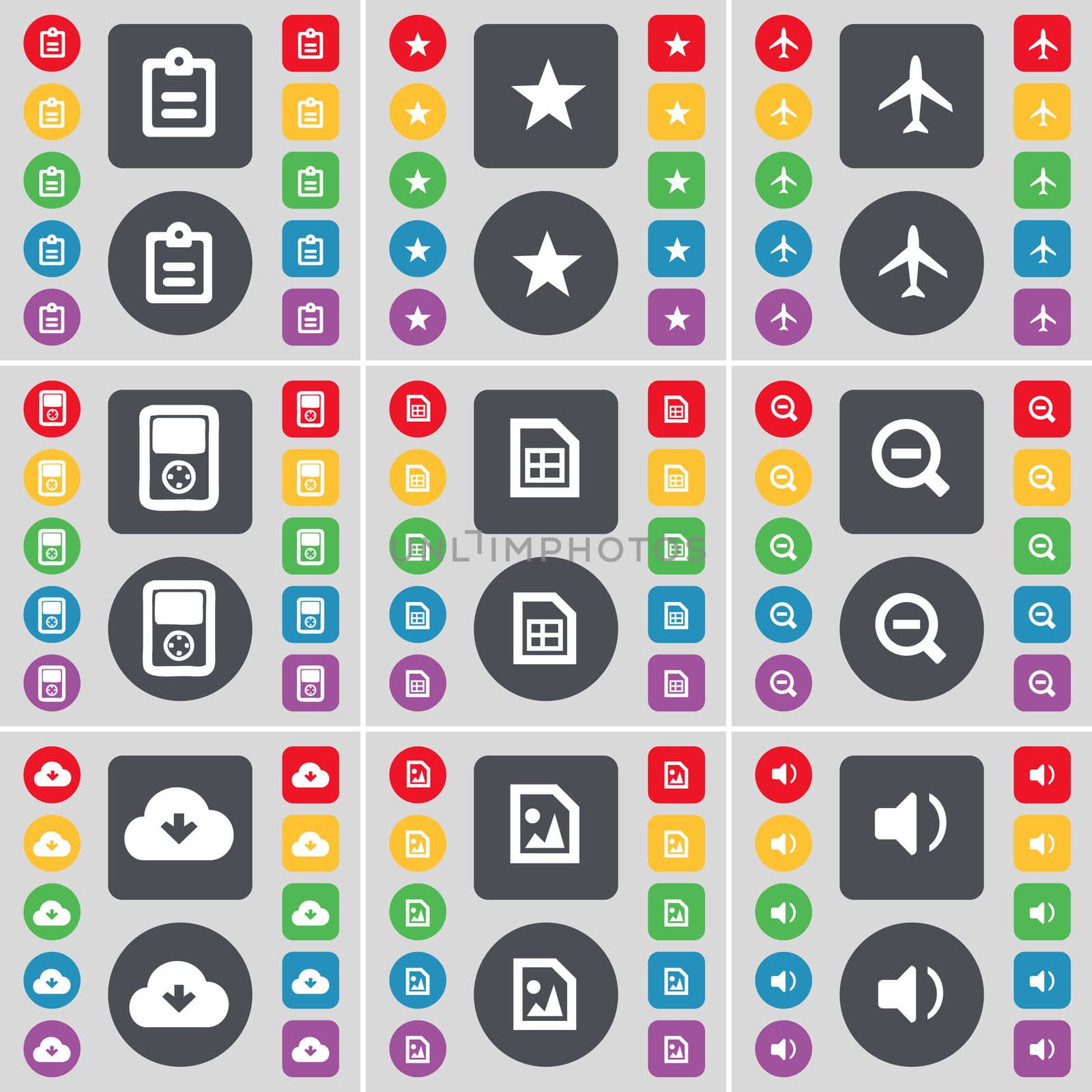 Survey, Star, Airplane, MP3 player, File, Minus, Cloud, Sound icon symbol. A large set of flat, colored buttons for your design.  by serhii_lohvyniuk