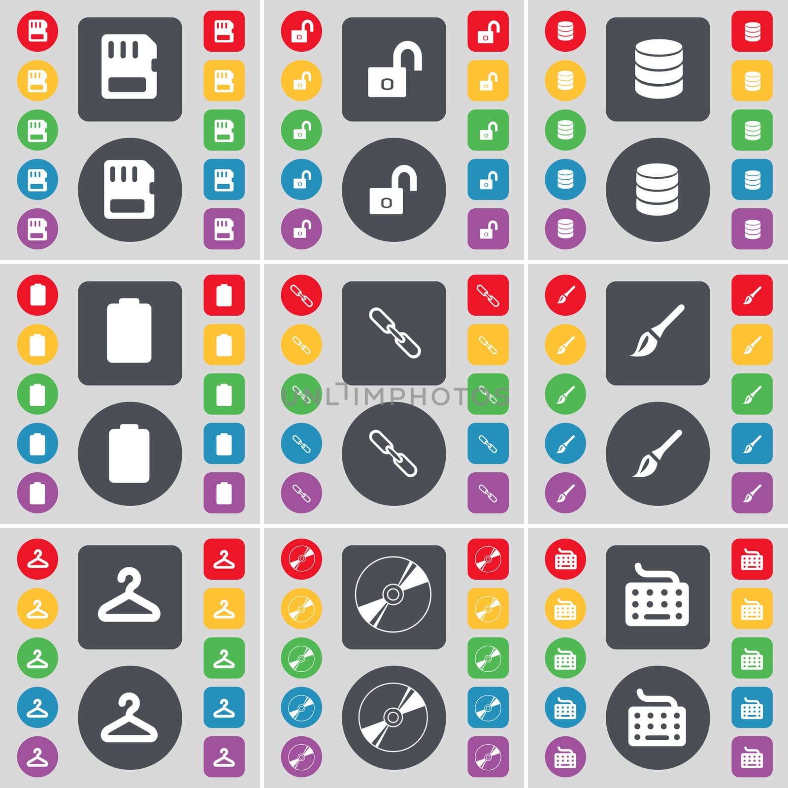 SIM card, Lock, Database, Battery, Link, Brush, Hanger, Disk, Keyboard icon symbol. A large set of flat, colored buttons for your design. illustration