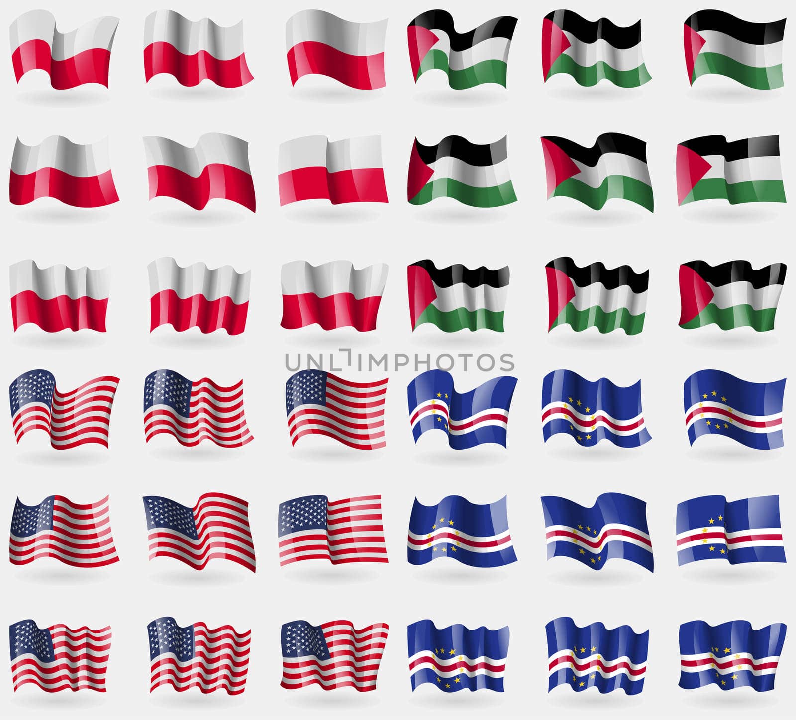 Poland, Palestine, USA, Cape Verde. Set of 36 flags of the countries of the world. illustration