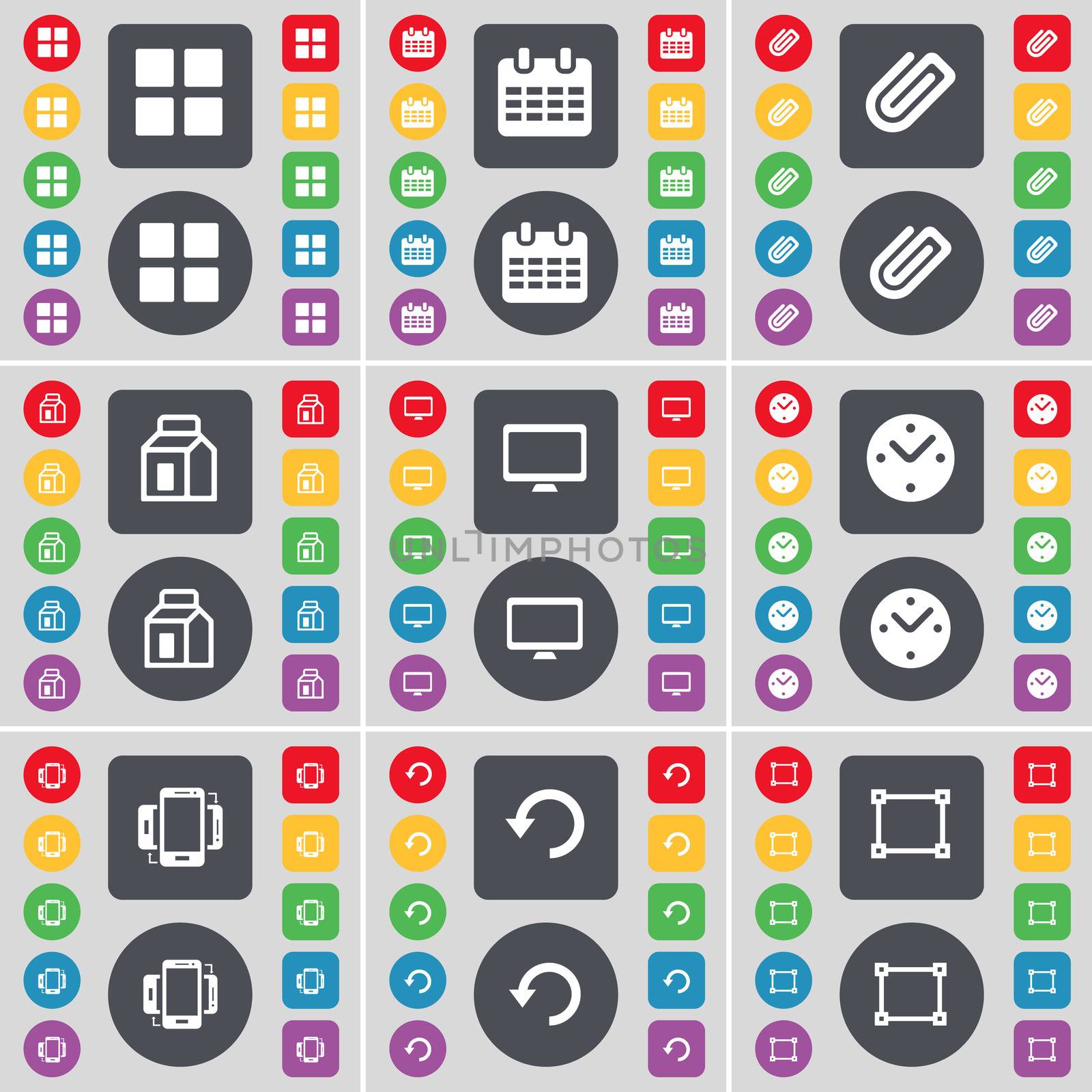Apps, Calendar, Clip, Packing, Monitor, Clock, Smartphone, Reload, Frame icon symbol. A large set of flat, colored buttons for your design.  by serhii_lohvyniuk