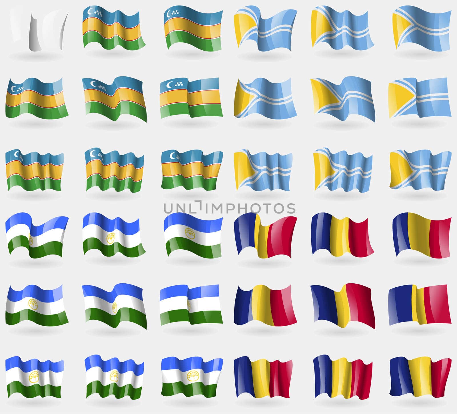 Karakalpakstan, Tuva, Bashkortostan, Romania. Set of 36 flags of the countries of the world. illustration