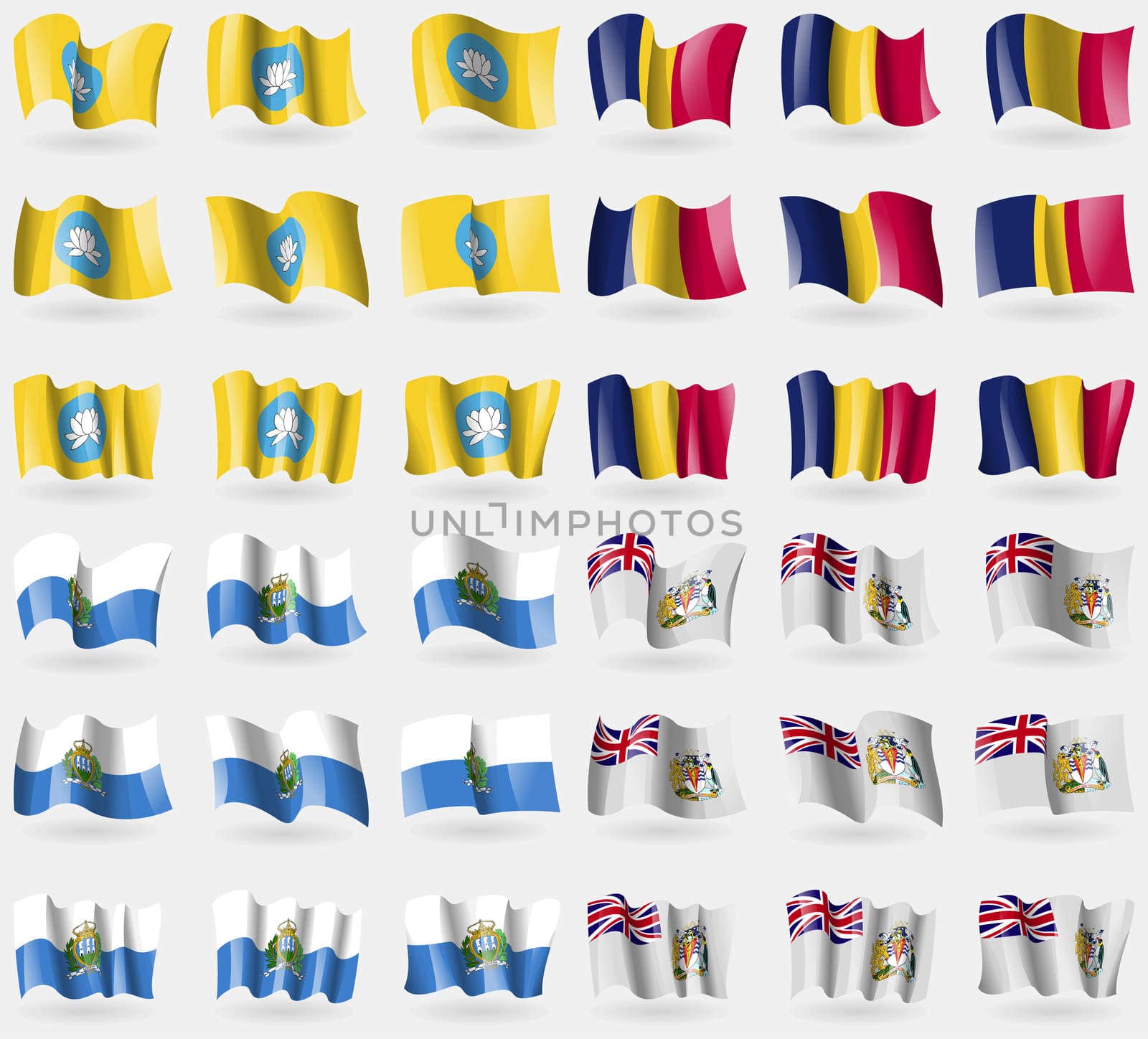 Kalmykia, Chad, San Marino, British Antarctic Territory. Set of 36 flags of the countries of the world. illustration