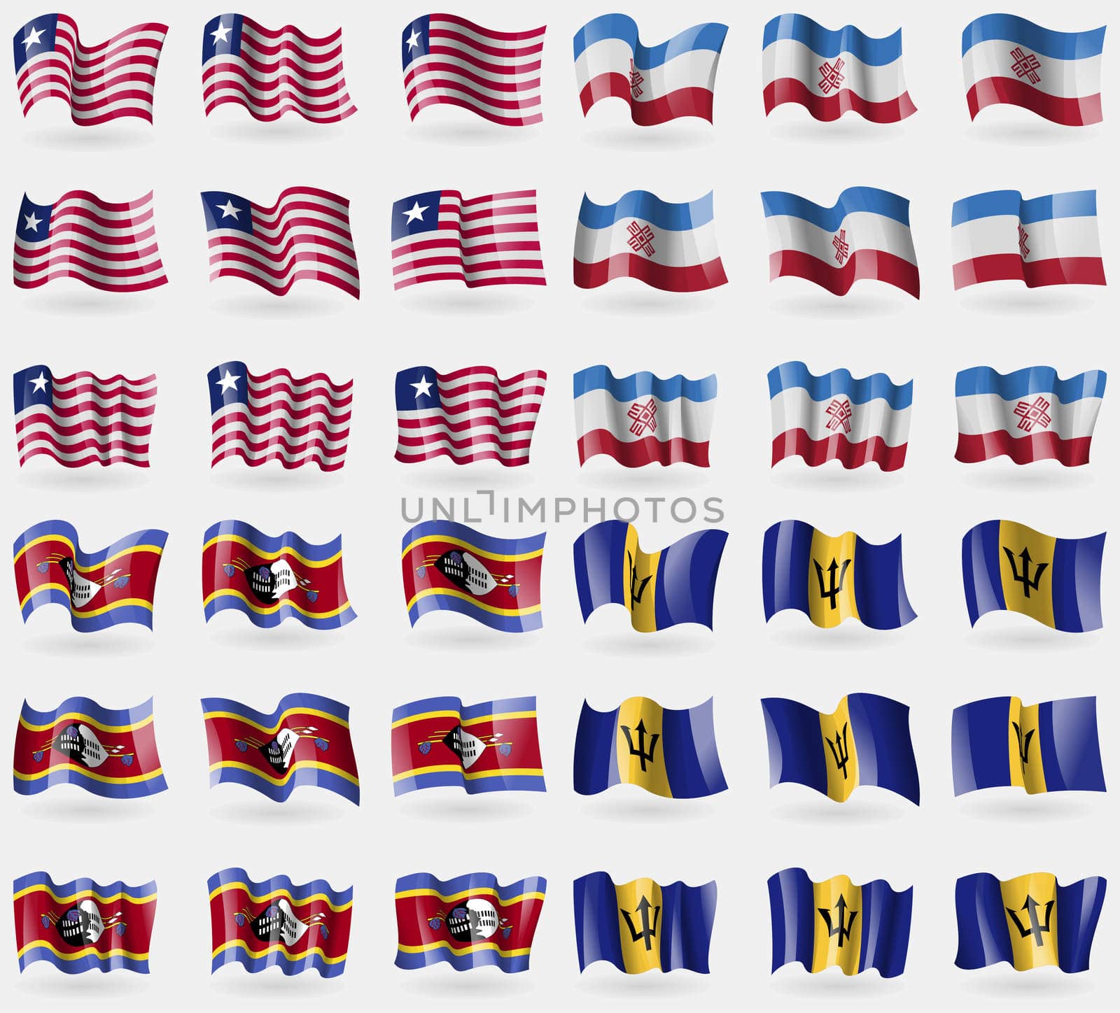 Liberia, Mari El, Swaziland, Barbados. Set of 36 flags of the countries of the world. illustration