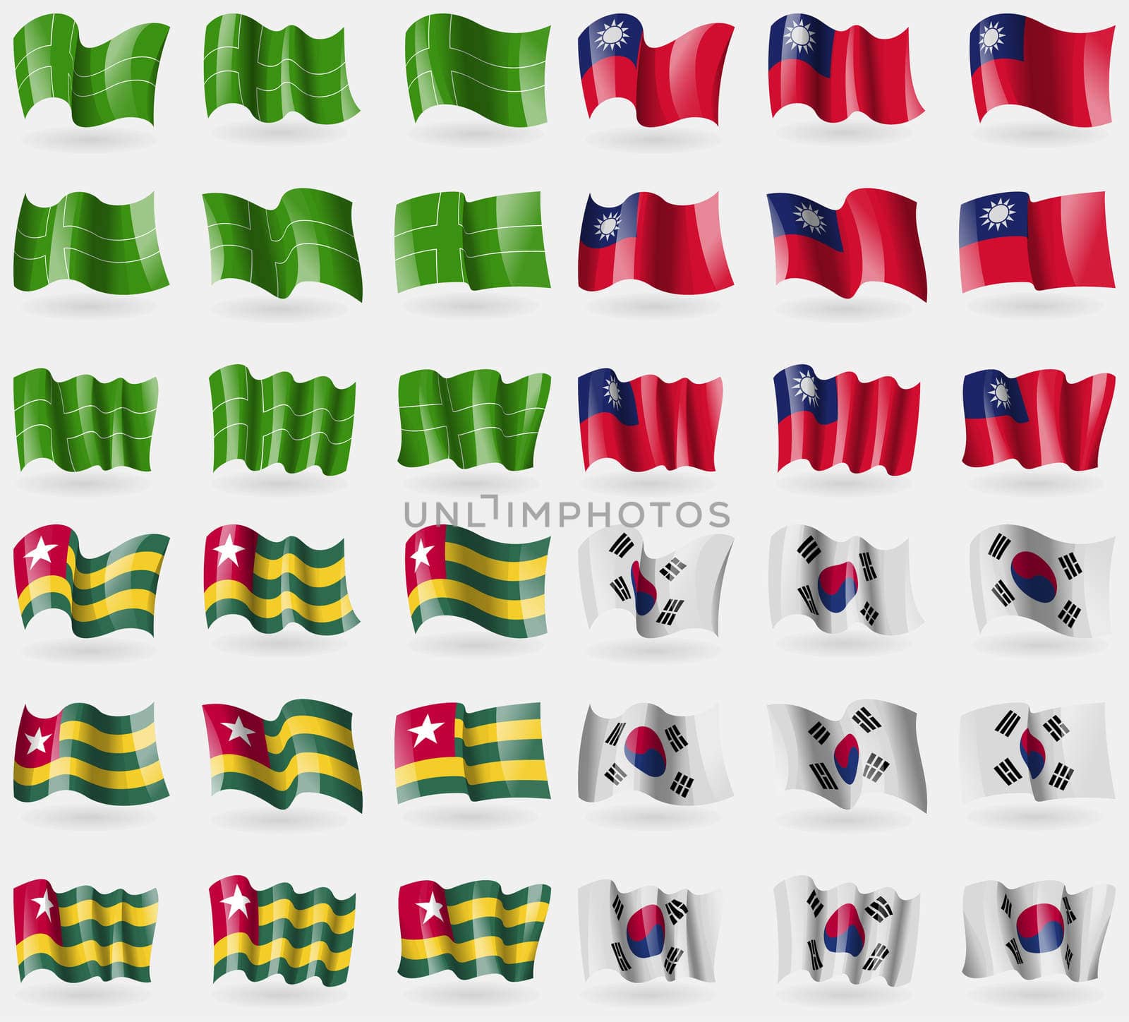 Ladonia, Taiwan, Togo, Korea South. Set of 36 flags of the countries of the world. illustration