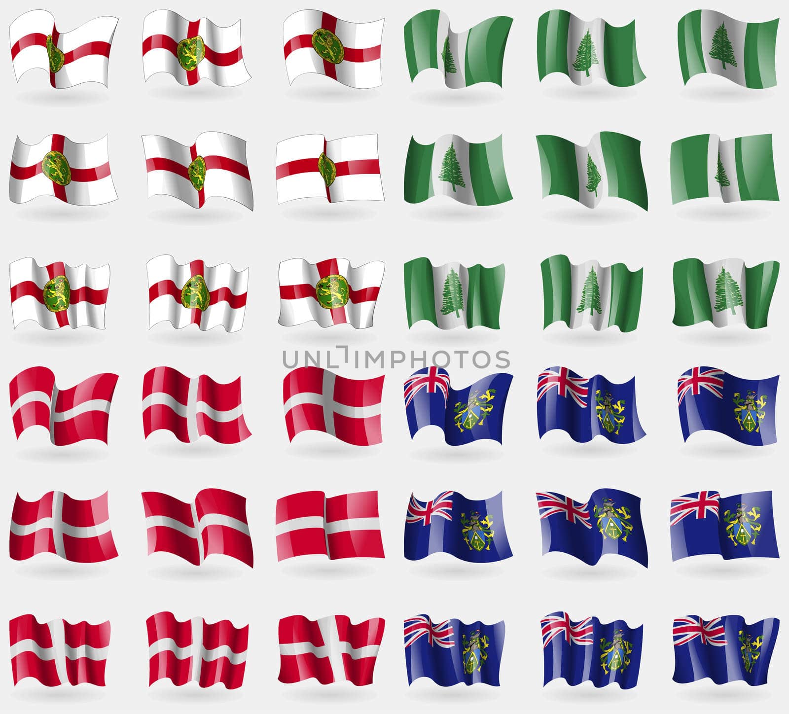 Alderney, Norfolk Island, Military Order Malta, Pitcairn Islands. Set of 36 flags of the countries of the world. illustration