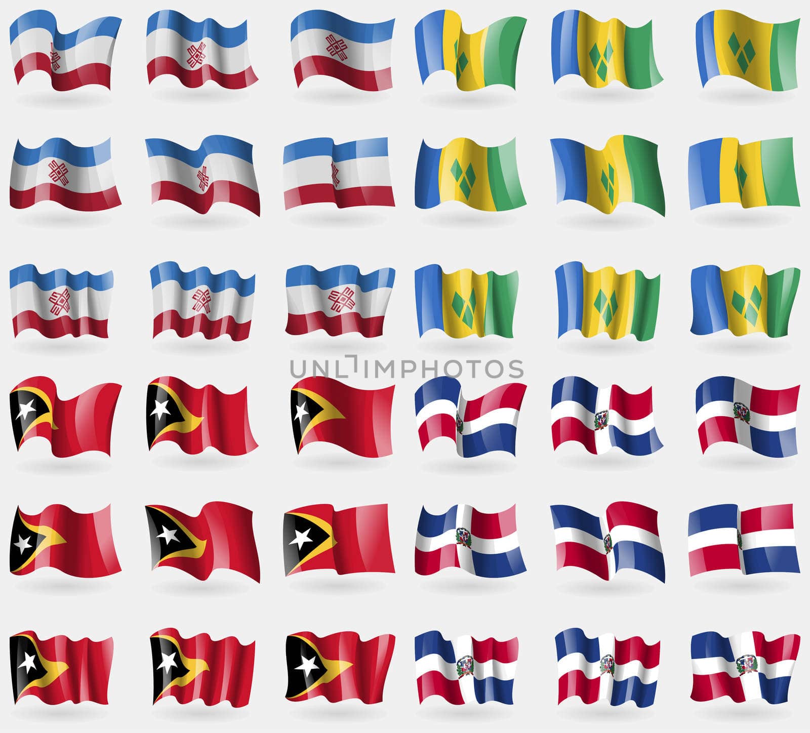 Mari El, Saint Vincent and Grenadines, East Timor, Dominican Republic. Set of 36 flags of the countries of the world. illustration