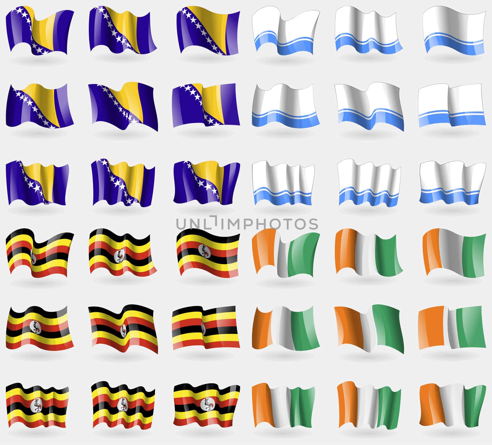 Bosnia and Herzegovina, Altai Republic, Uganda, Cote Divoire. Set of 36 flags of the countries of the world. illustration