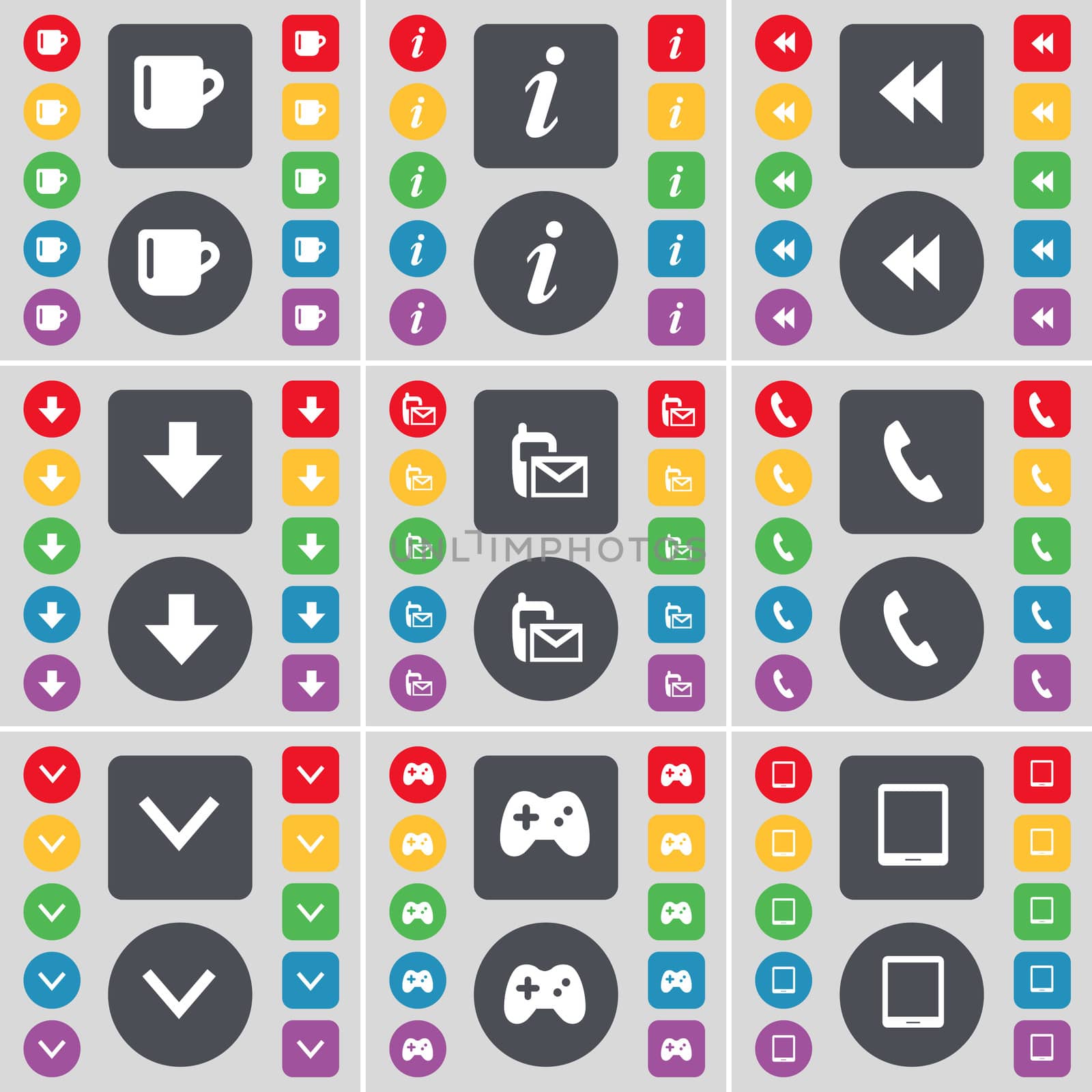 Cup, Information, Rewind, Arrow down, SMS, Receiver, Arrow down, Gamepad, Tablet PC icon symbol. A large set of flat, colored buttons for your design.  by serhii_lohvyniuk