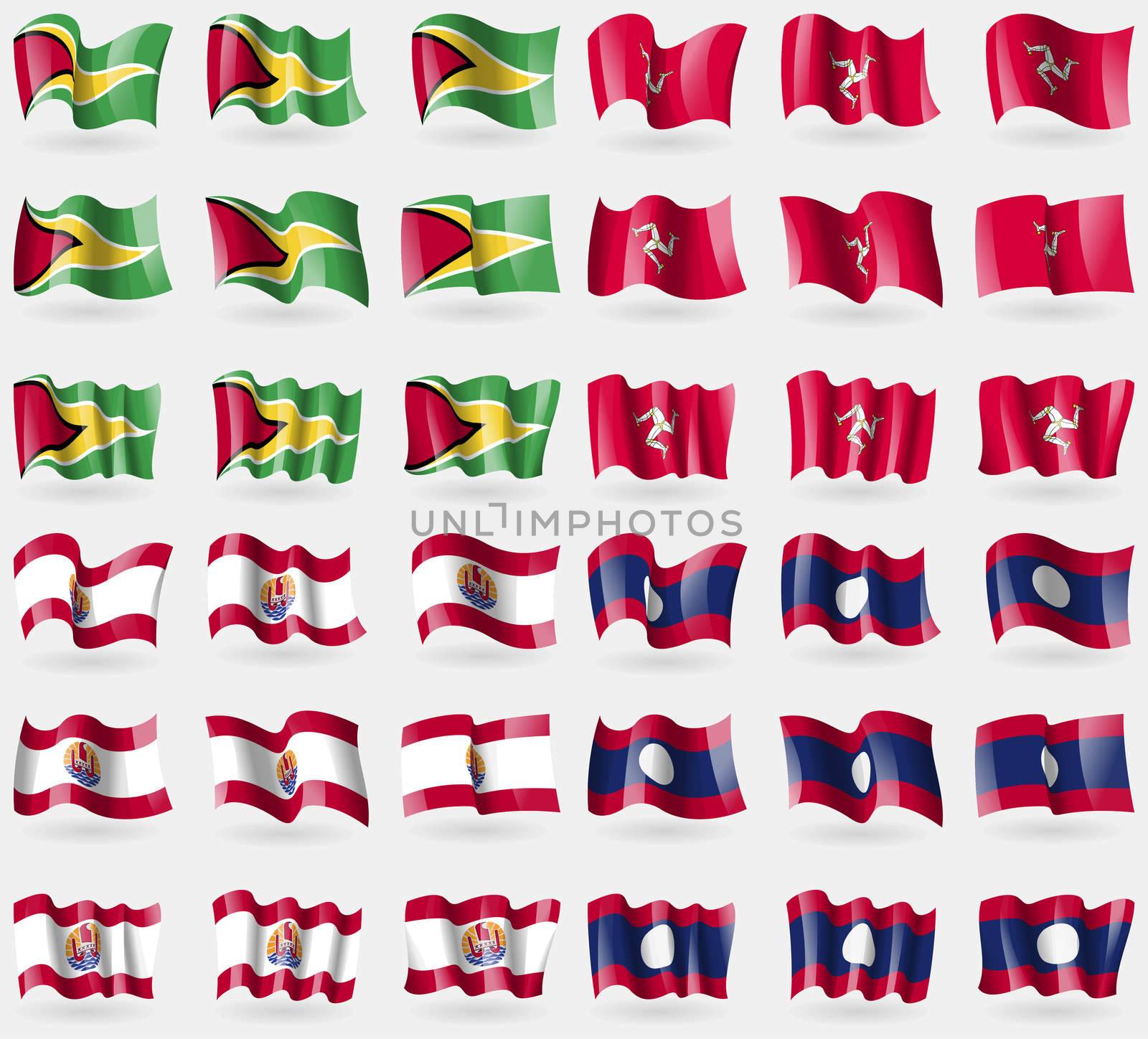 Guyana, Isle of man, French Polynesia, Laos. Set of 36 flags of the countries of the world. illustration