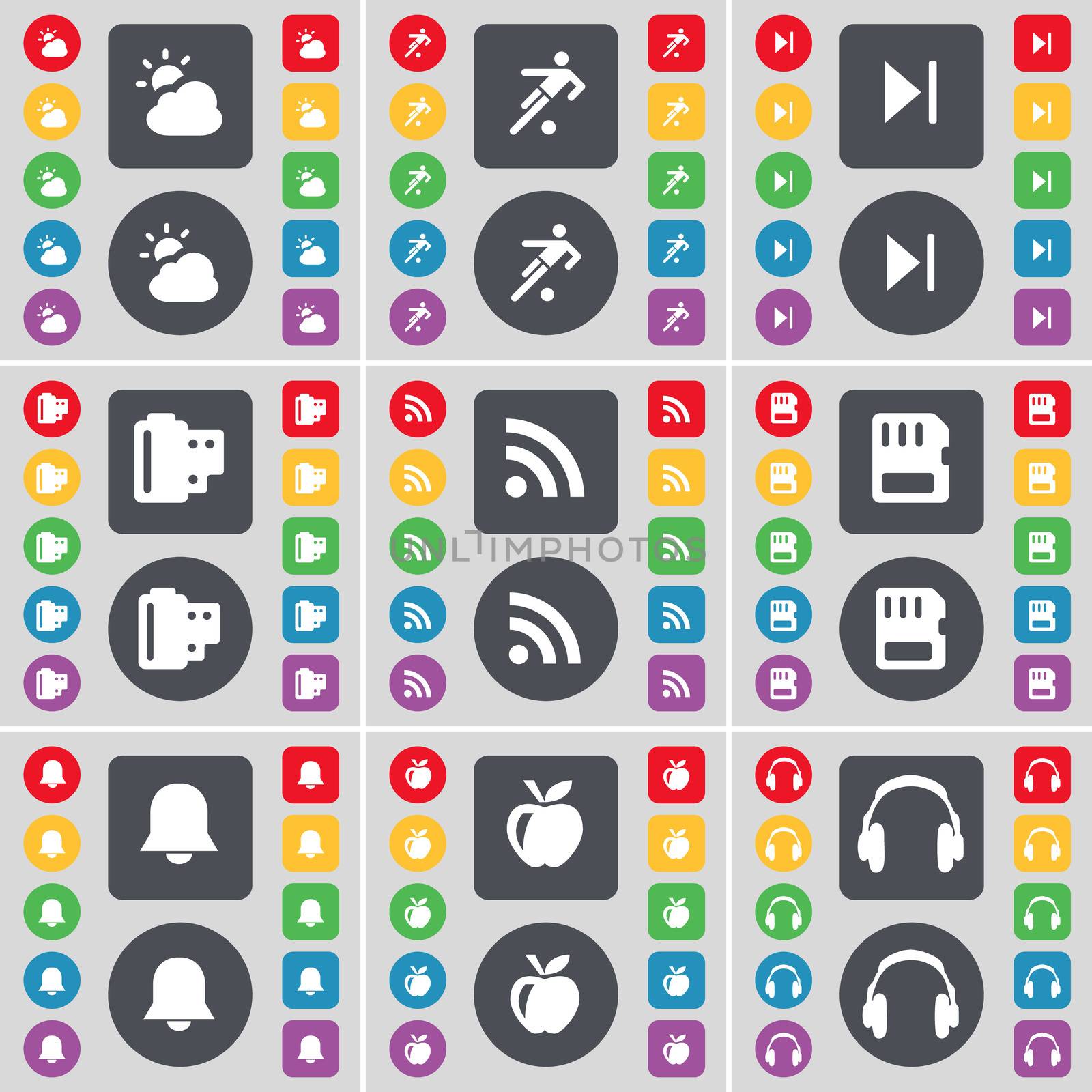 Weather, Football, Media skip, Negative films, RSS, SIM card, Notification, Apple, Headphones icon symbol. A large set of flat, colored buttons for your design. illustration