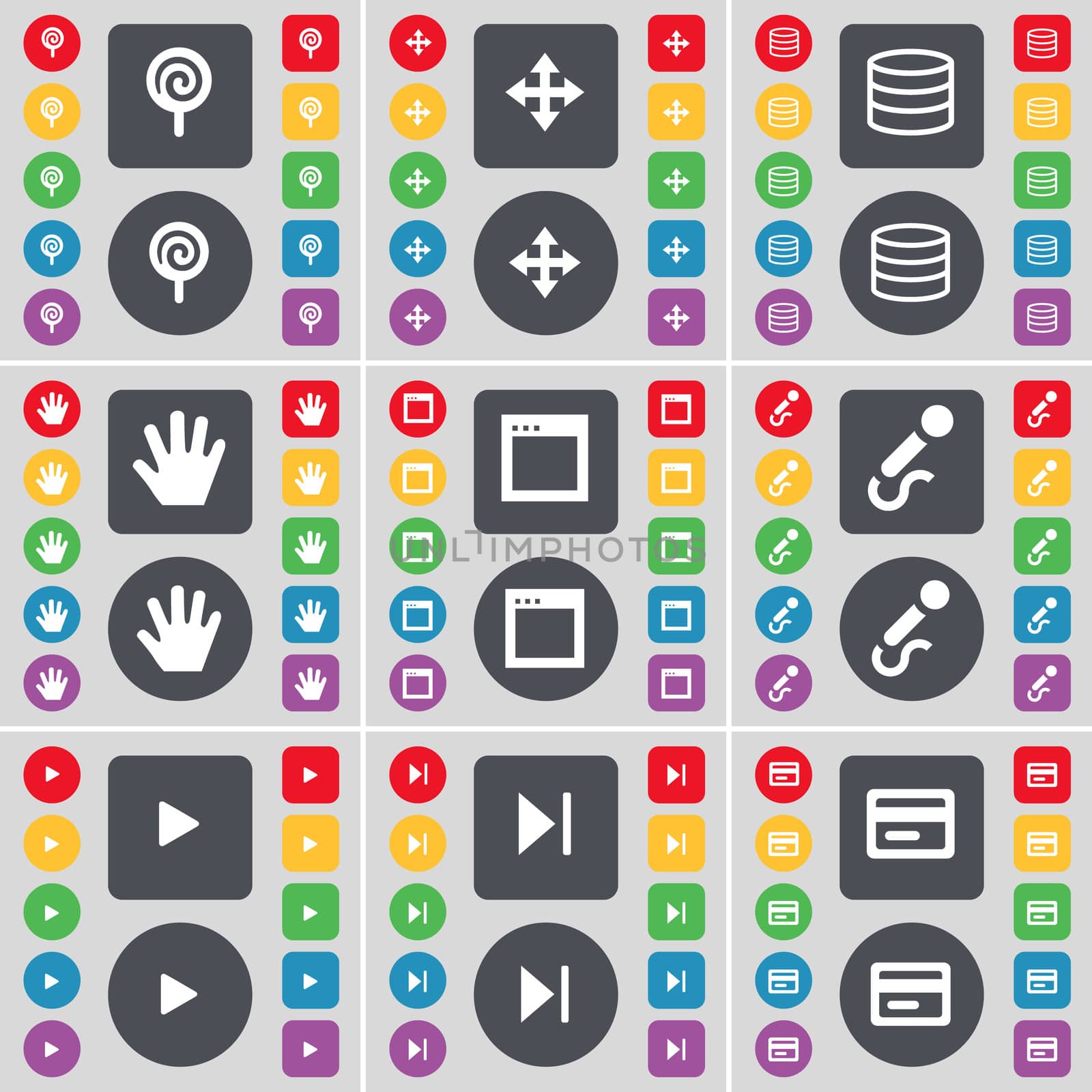 Lollipop, Moving, Database, Hand, Window, Microphone, Play, Media skip, Credit card icon symbol. A large set of flat, colored buttons for your design. illustration