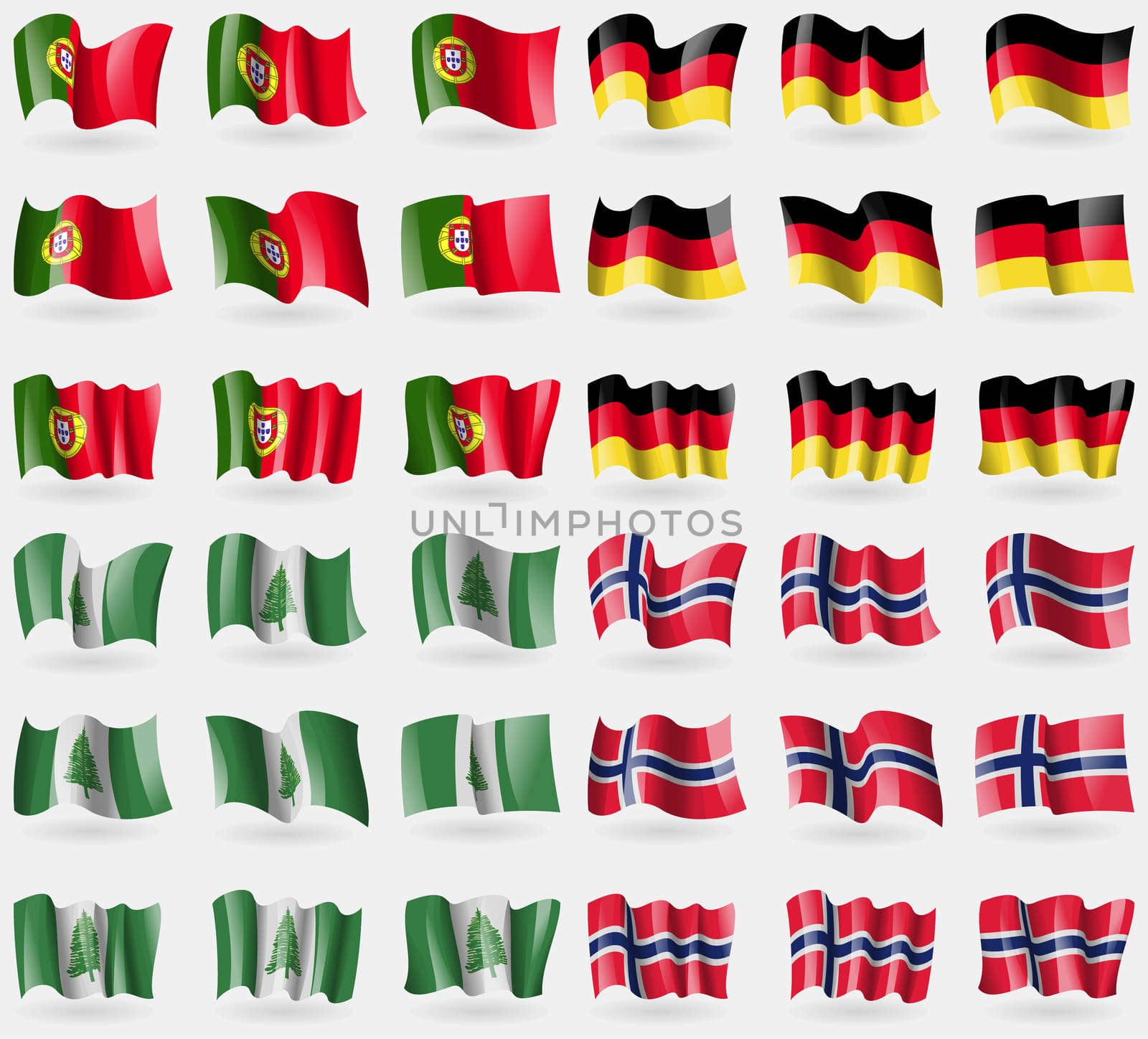 Portugal, Germany, Norfolk Island, Norway. Set of 36 flags of the countries of the world. illustration