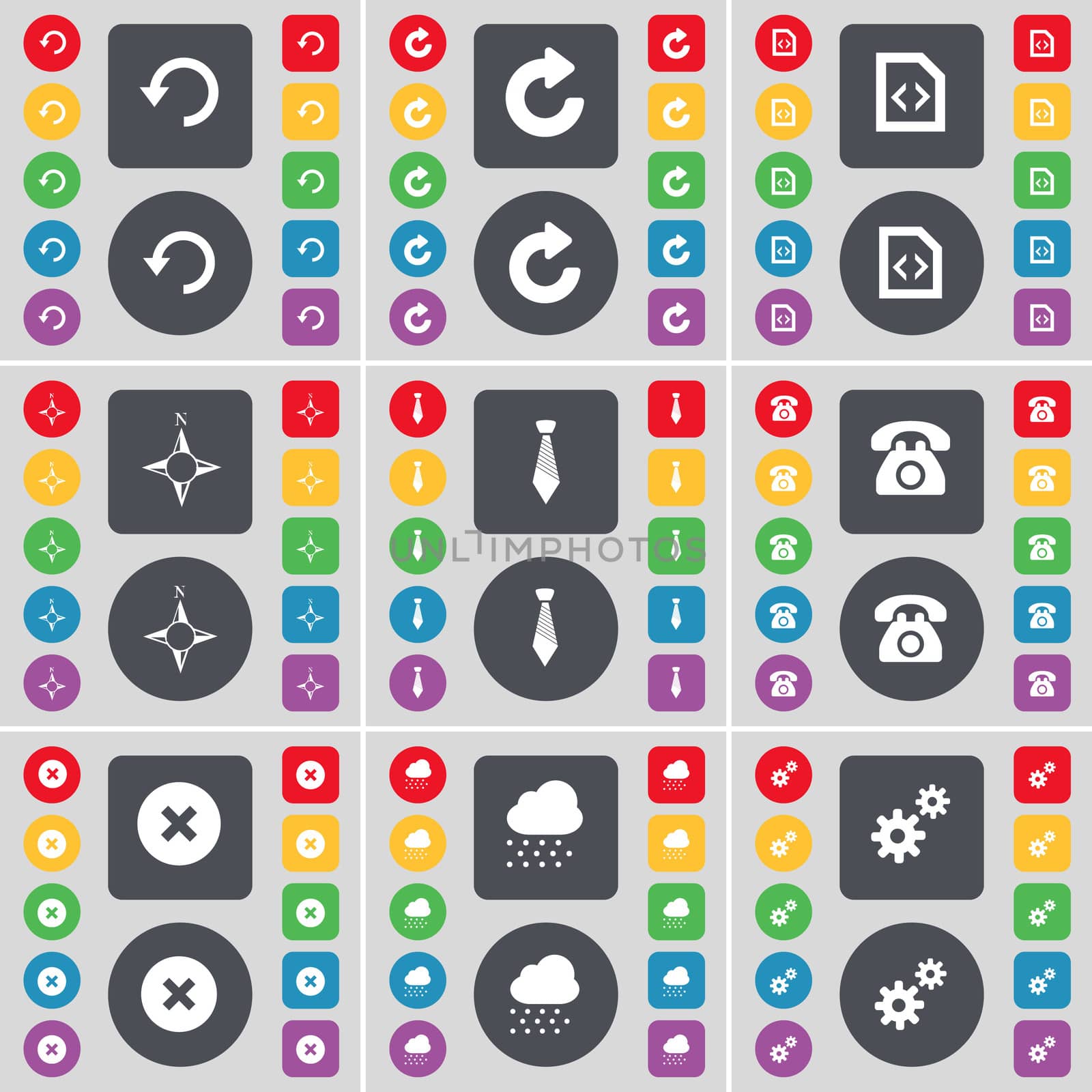 Reload, File, Compass, Tie, Retro phone, Stop, Cloud, Gear icon symbol. A large set of flat, colored buttons for your design. illustration