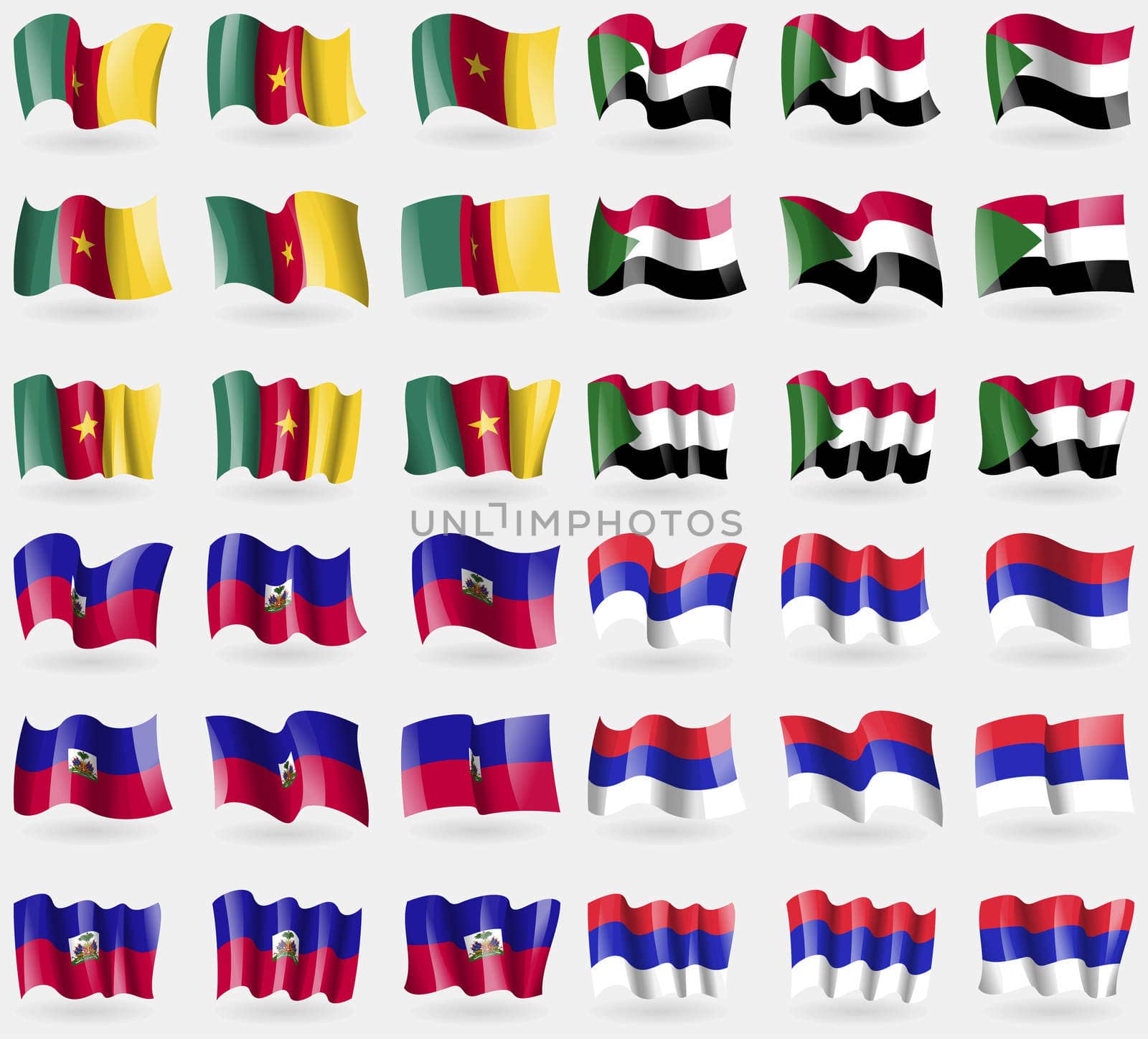 Cameroon, Sudan, Haiti, Republika Srpska. Set of 36 flags of the countries of the world. illustration