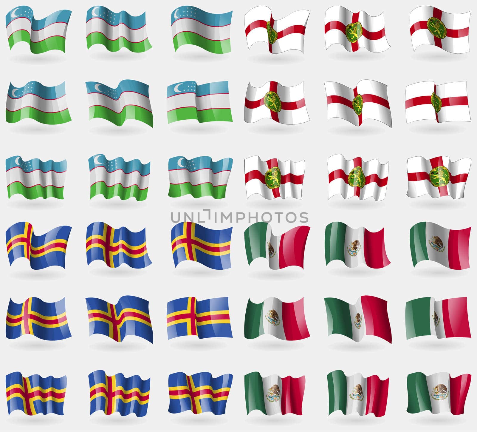 Uzbekistan, Alderney, Aland, Mexico. Set of 36 flags of the countries of the world. illustration