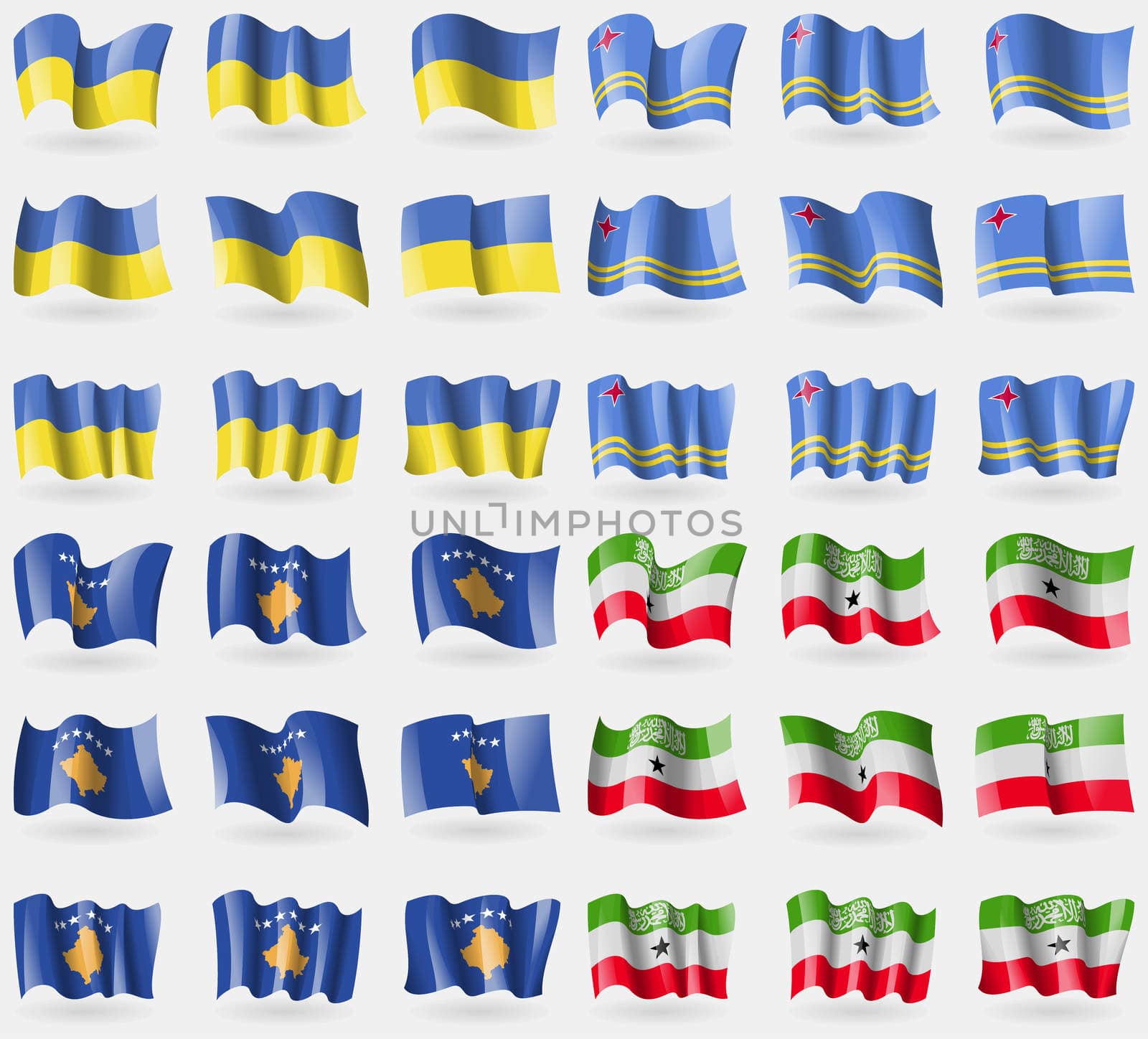 Ukraine, Aruba, Kosovo, Somaliland. Set of 36 flags of the countries of the world. illustration