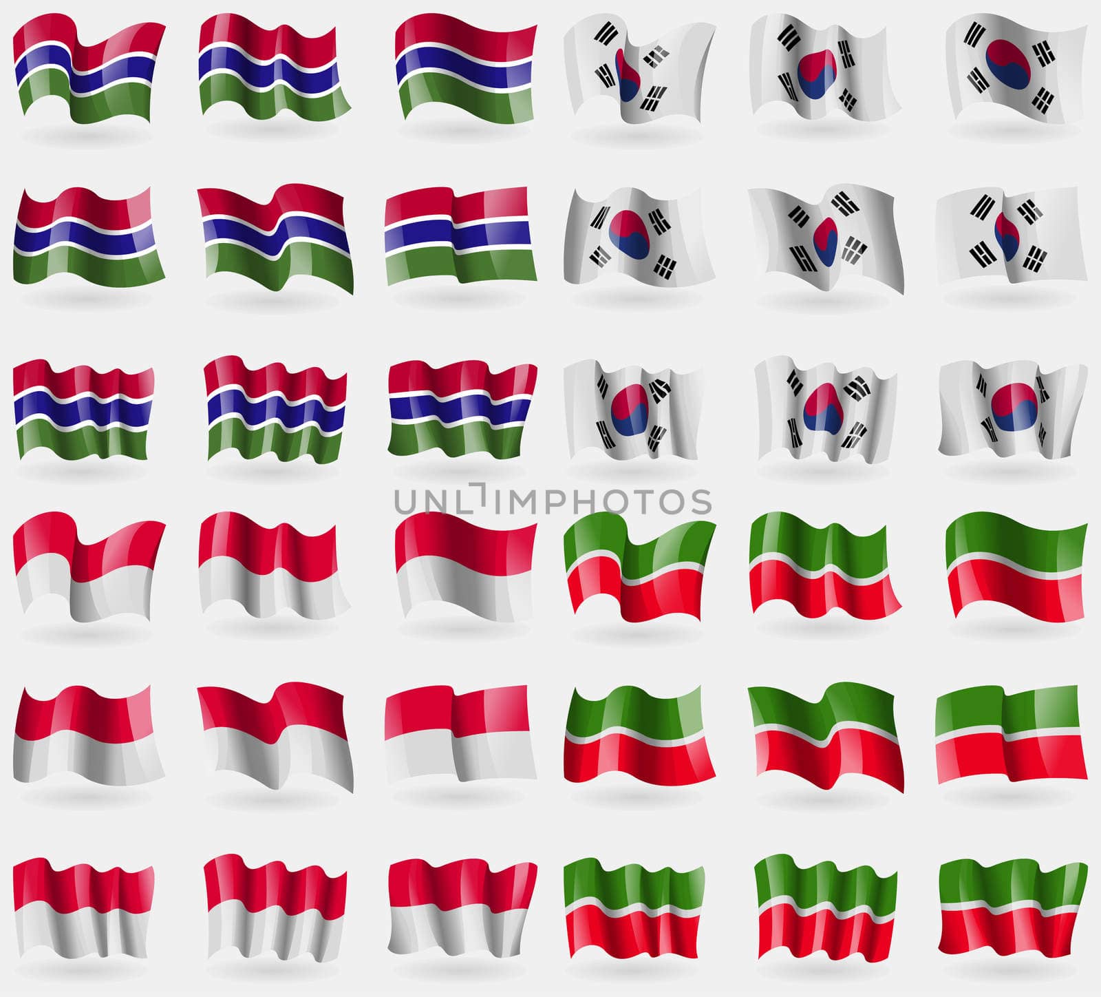 Gambia, Korea South, Monaco, Tatarstan. Set of 36 flags of the countries of the world. illustration