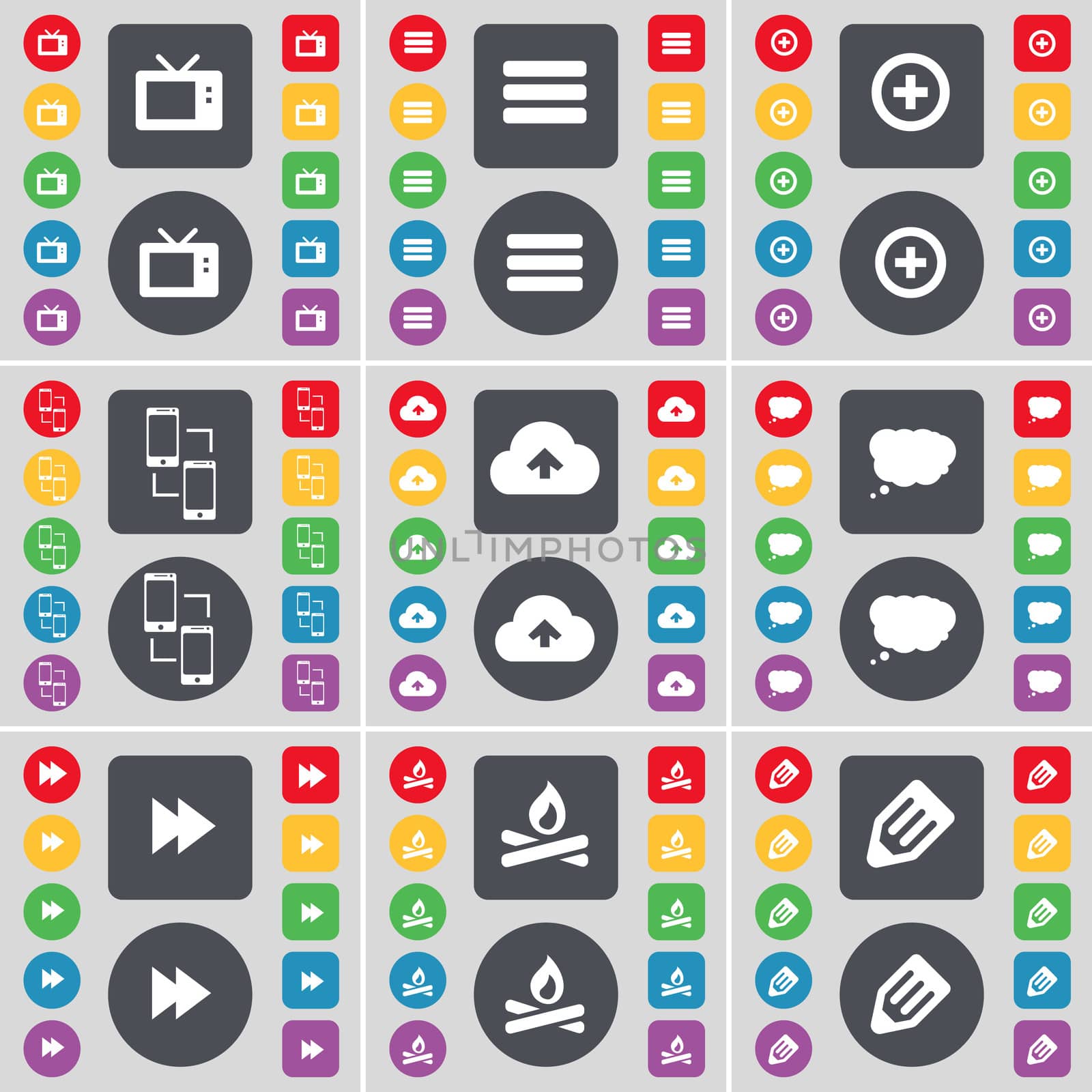 Retro TV, Apps, Plus, Information exchange, Cloud, Chat cloud, Rewind, Campfire, Pencil icon symbol. A large set of flat, colored buttons for your design.  by serhii_lohvyniuk