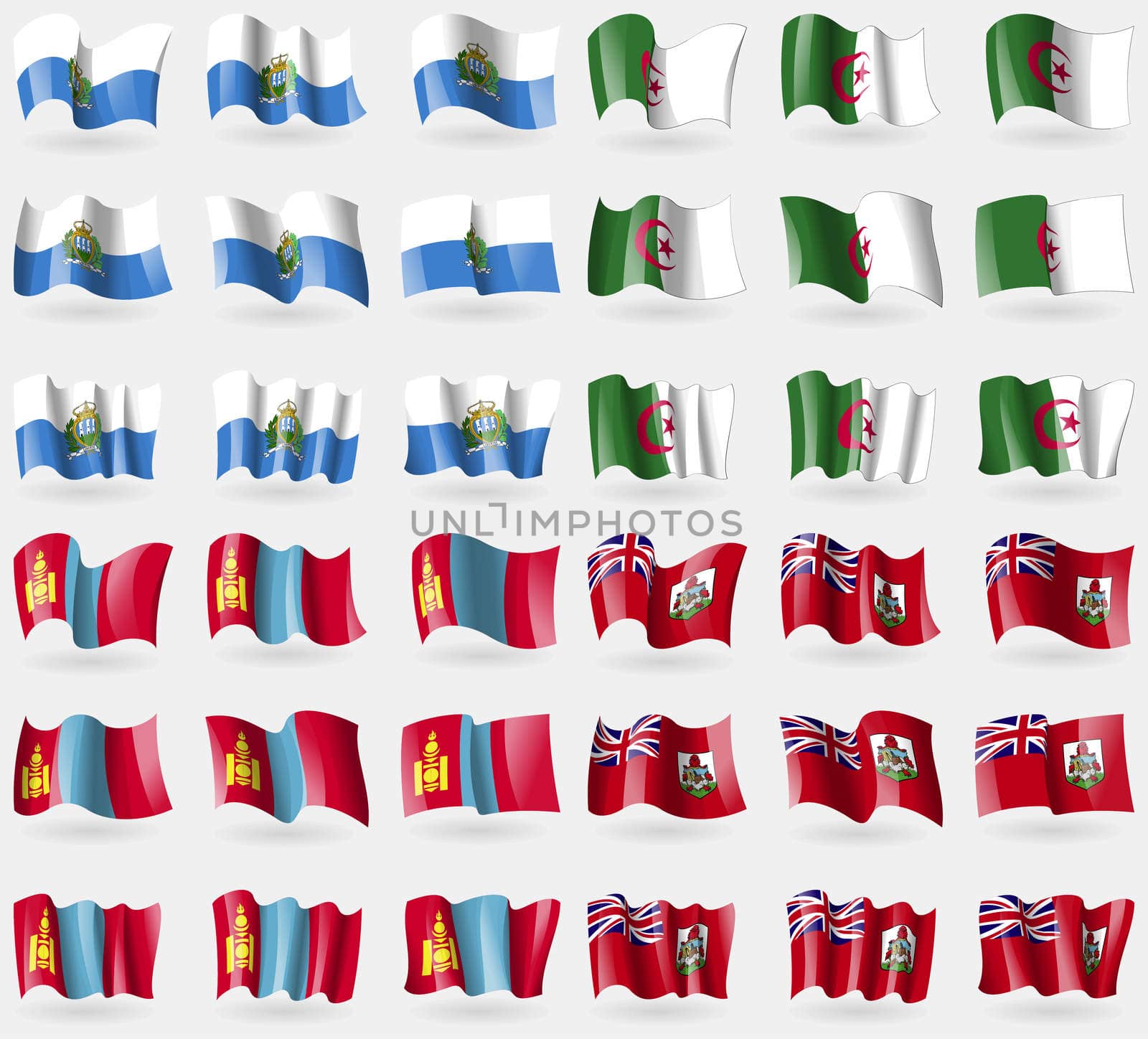 San Marino, Algeria, Mongolia, Bermuda. Set of 36 flags of the countries of the world. illustration