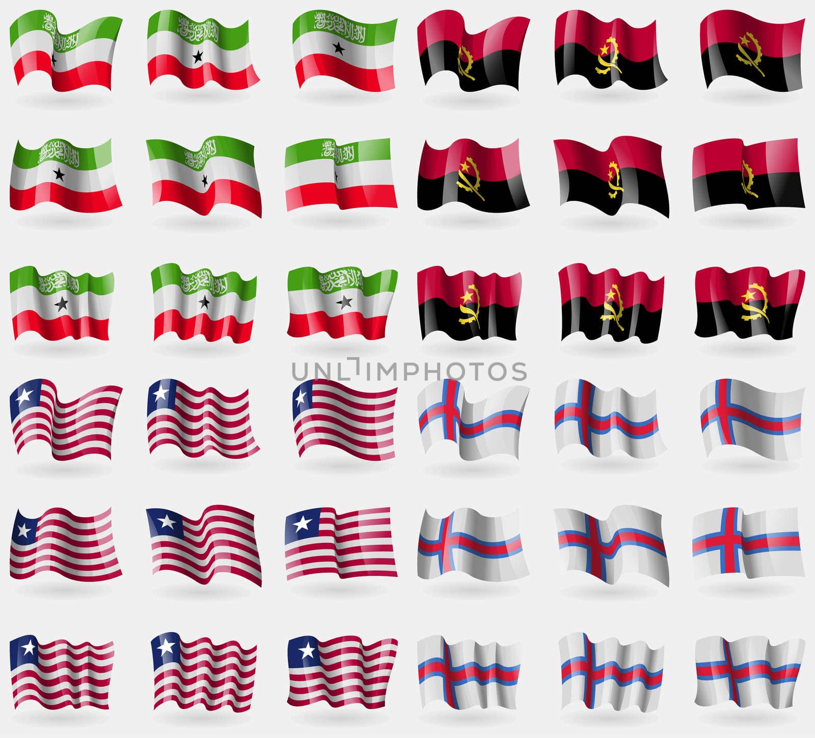 Somaliland, Angola, Liberia, Faroe Islands. Set of 36 flags of the countries of the world. illustration