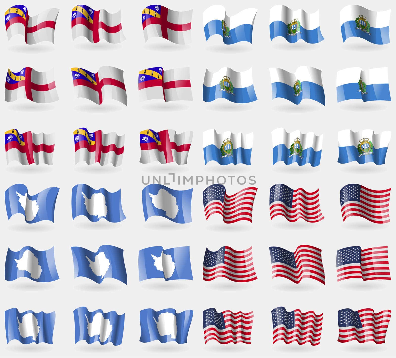 Herm, San Marino, Antarctica, USA. Set of 36 flags of the countries of the world. illustration