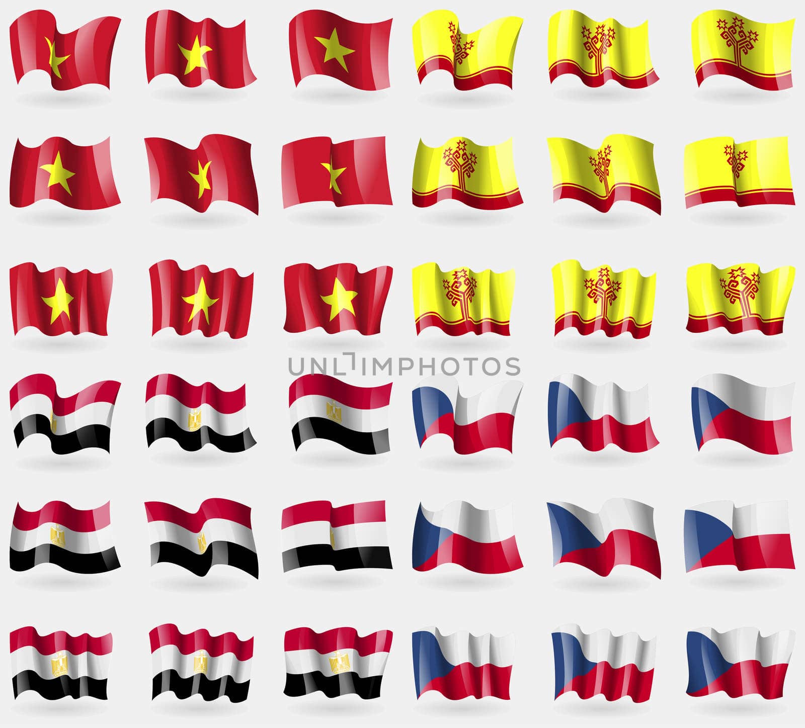 Vietnam, Chuvashia, Egypt, Czech Republic. Set of 36 flags of the countries of the world. illustration