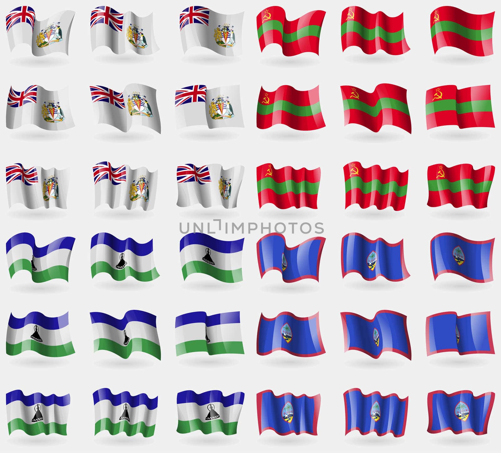 British Antarctic Territory, Transnistria, Lesothe, Guam. Set of 36 flags of the countries of the world. illustration