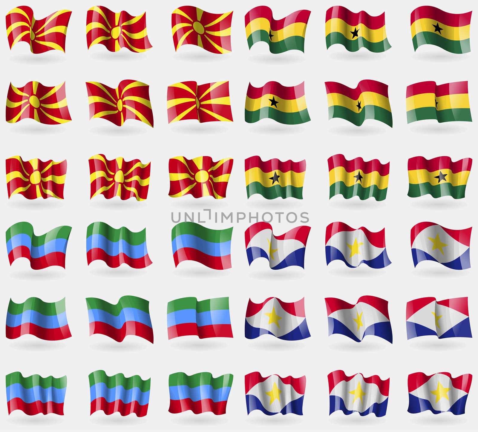 Macedonia, Ghana, Dagestan, Saba. Set of 36 flags of the countries of the world. illustration