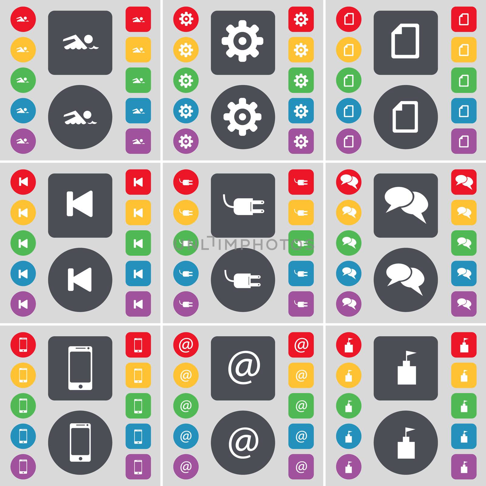 Swimmer, Gear, File, Media skip, Socket, Chat, Smartphone, Mail, Flag tower icon symbol. A large set of flat, colored buttons for your design.  by serhii_lohvyniuk