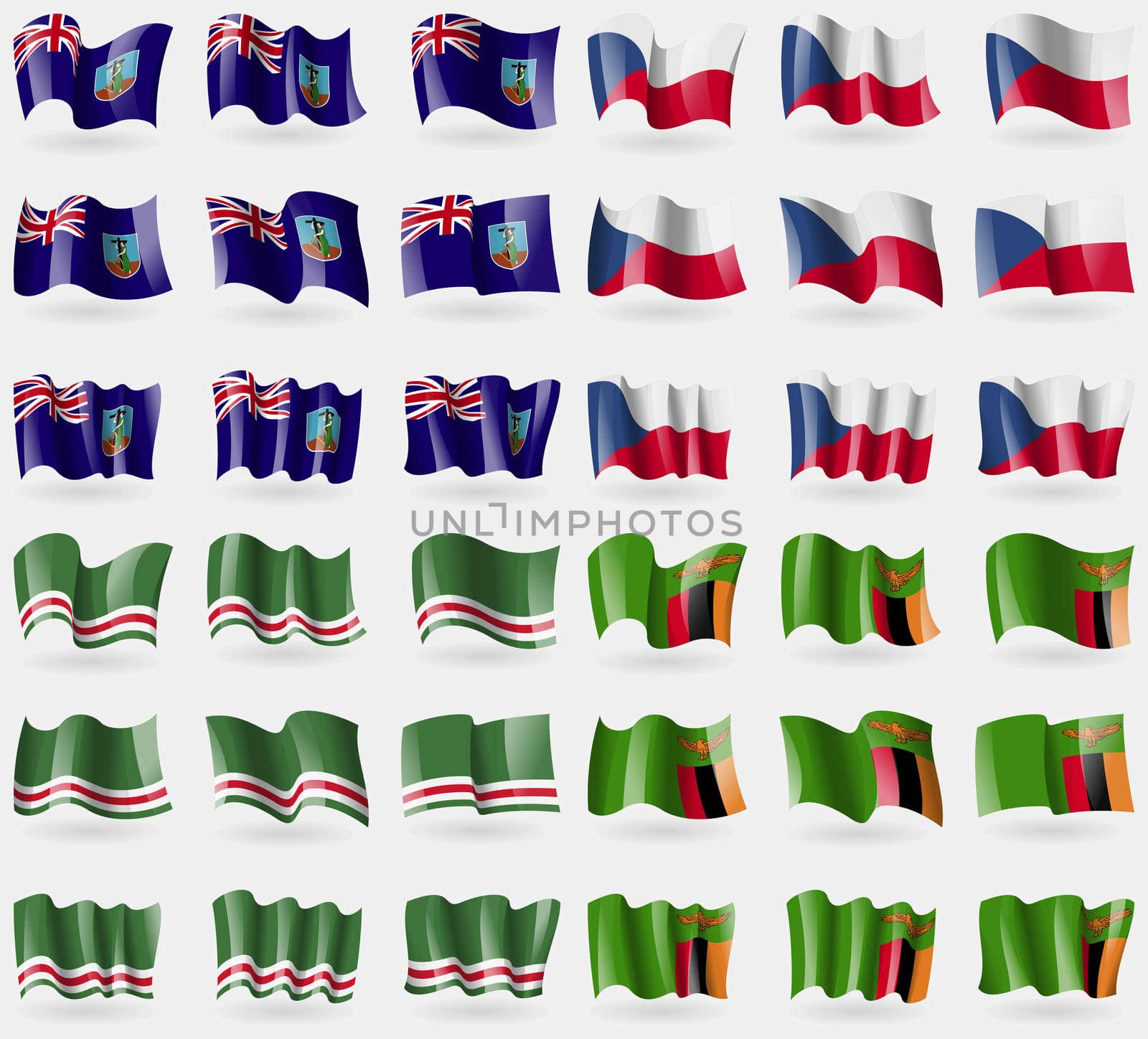 Montserrat, Czech Republic, Chechen Republic of Ichkeria, Zambia. Set of 36 flags of the countries of the world. illustration