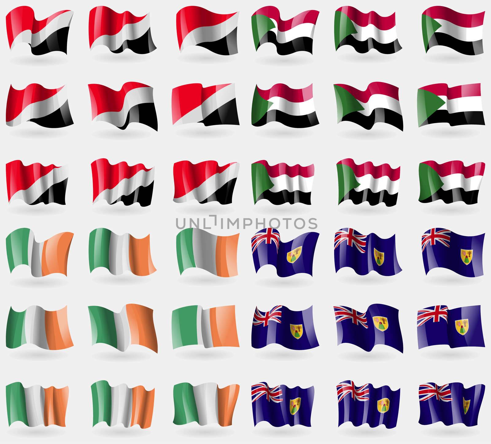 Sealand Principality, Sudan, Ireland, Turks and Caicos. Set of 36 flags of the countries of the world. illustration