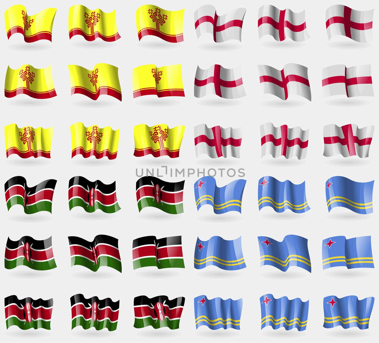 Chuvashia, England, Kenya, Aruba. Set of 36 flags of the countries of the world. illustration