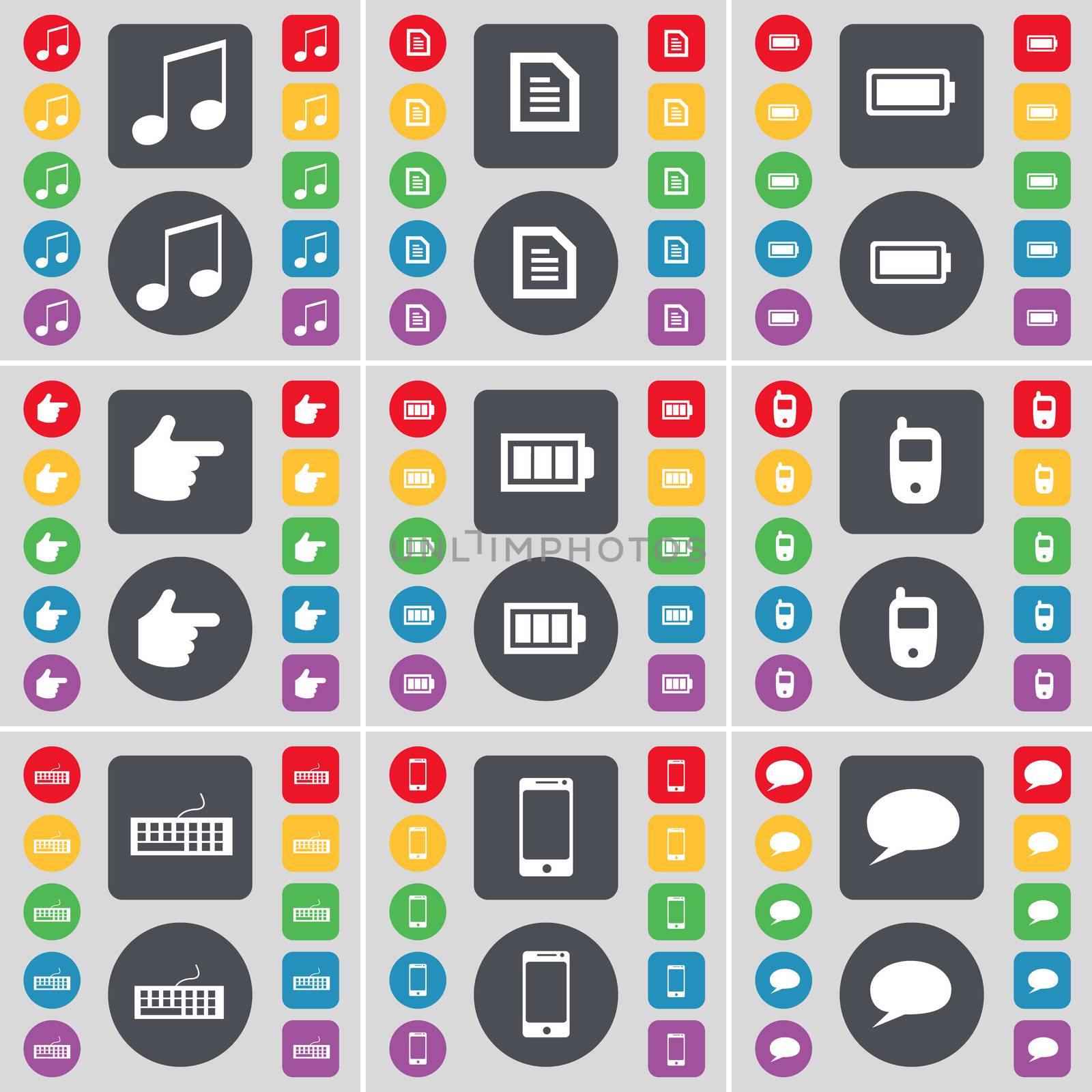 Note, Text file, Battery, Hand, Mobile phone, Keyboard, Smartphone, Chat bubble icon symbol. A large set of flat, colored buttons for your design. illustration