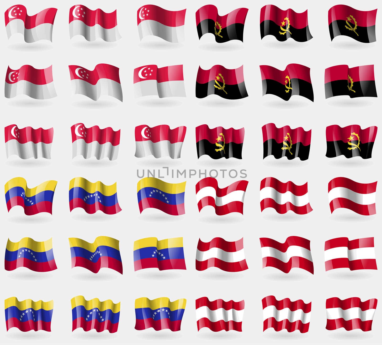 Singapore, Angola, Venezuela, Austria. Set of 36 flags of the countries of the world. illustration