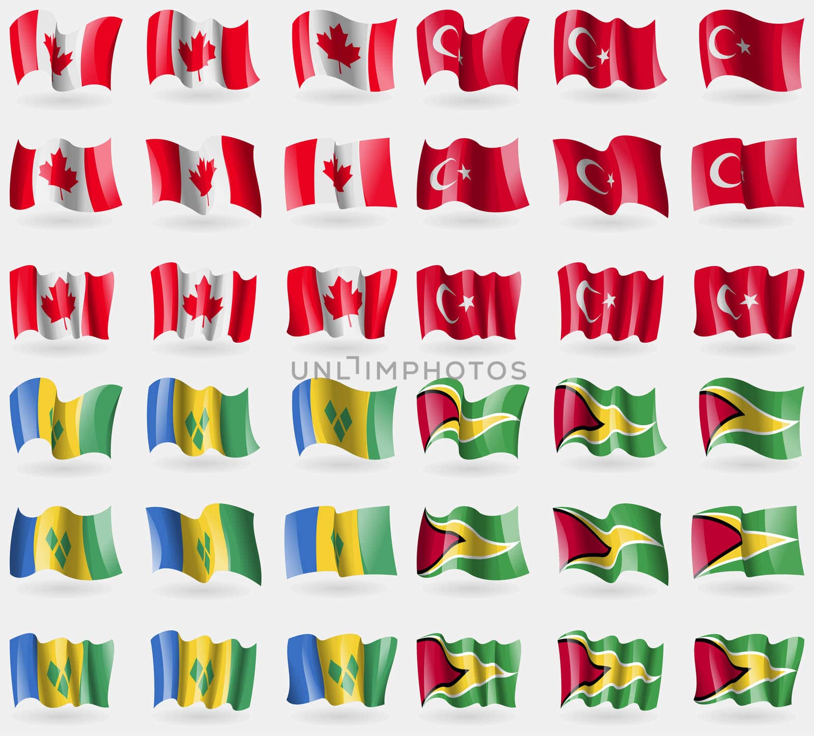 Canada, Turkey, Saint Vincent and Grenadines, Guyana. Set of 36 flags of the countries of the world. illustration