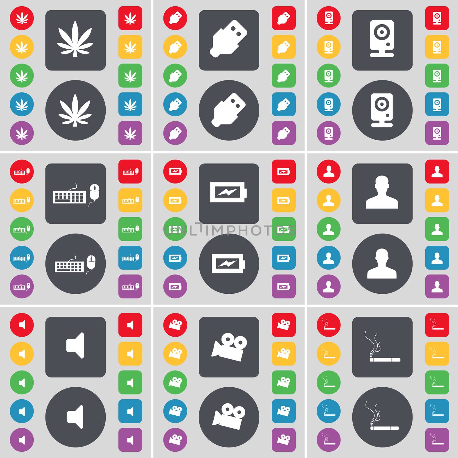 Marijuana, USB, Speaker, Keyboard, Charging, Avatar, Sound, Film camera, Cigarette icon symbol. A large set of flat, colored buttons for your design. illustration