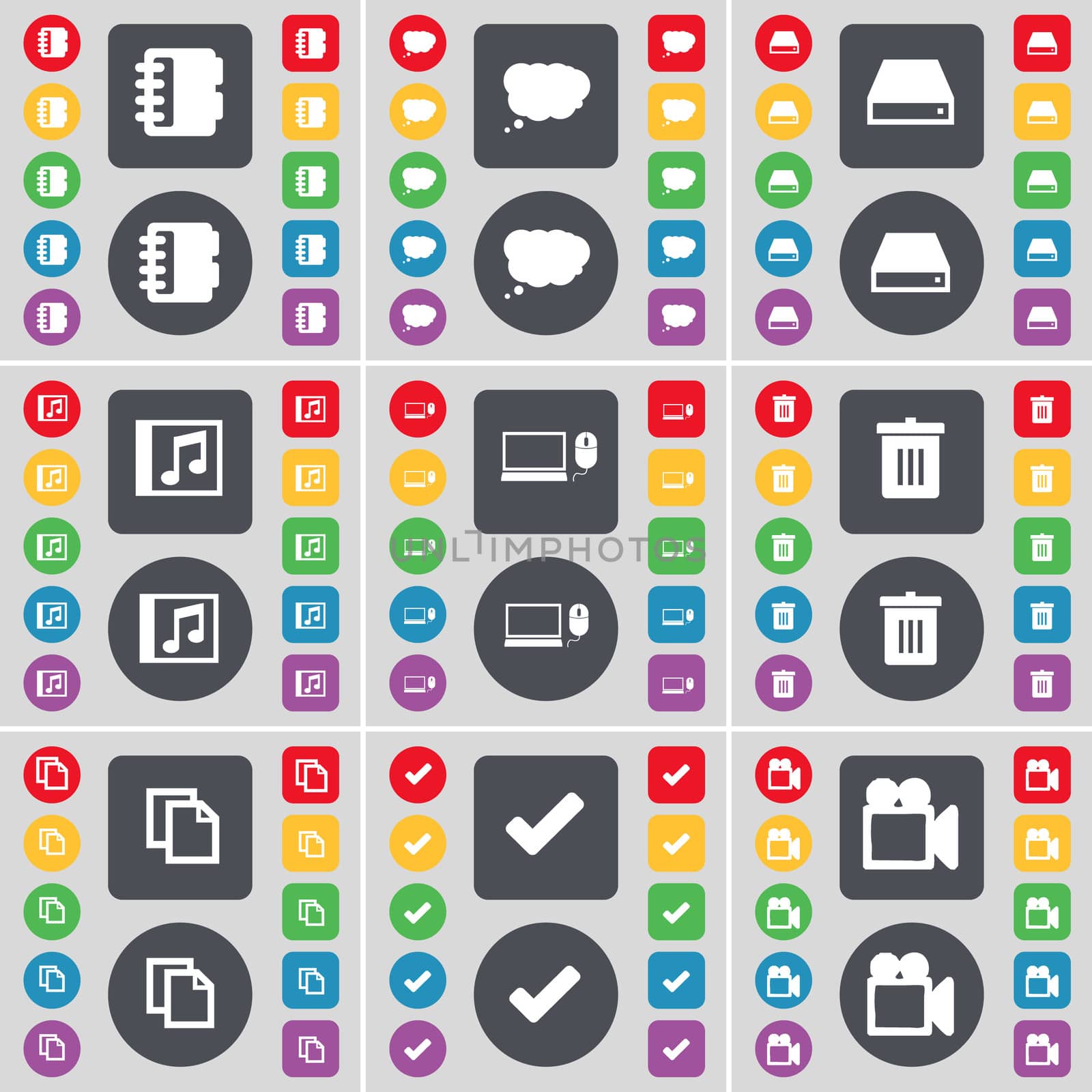 Notebook, Chat cloud, Hard drive, Media window, Laptop, Trash can, Copy, Tick, Film camera icon symbol. A large set of flat, colored buttons for your design. illustration