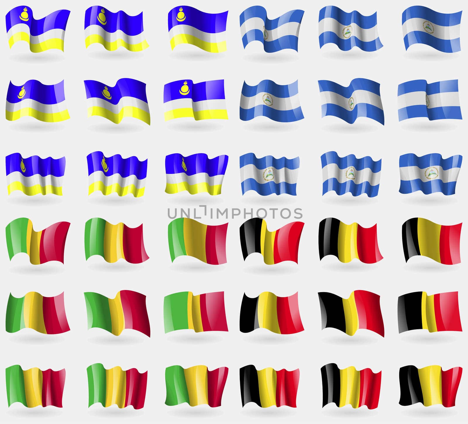 Buryatia, Nicaragua, Mali, Belgium. Set of 36 flags of the countries of the world. illustration