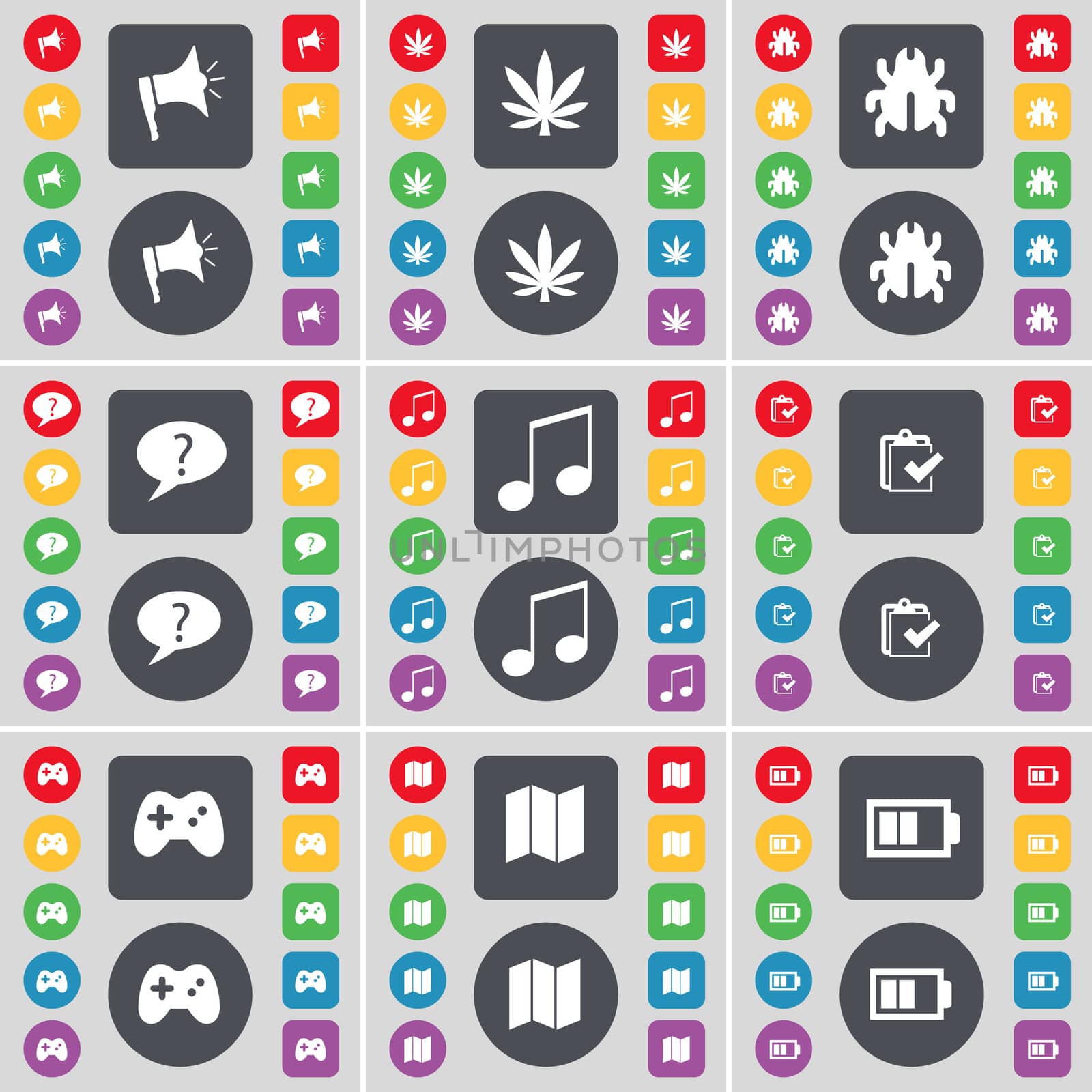 Megaphone, Marijuana, Bug, Chat bubble, Note, Survey, Gamepad, Map, Battery icon symbol. A large set of flat, colored buttons for your design. illustration